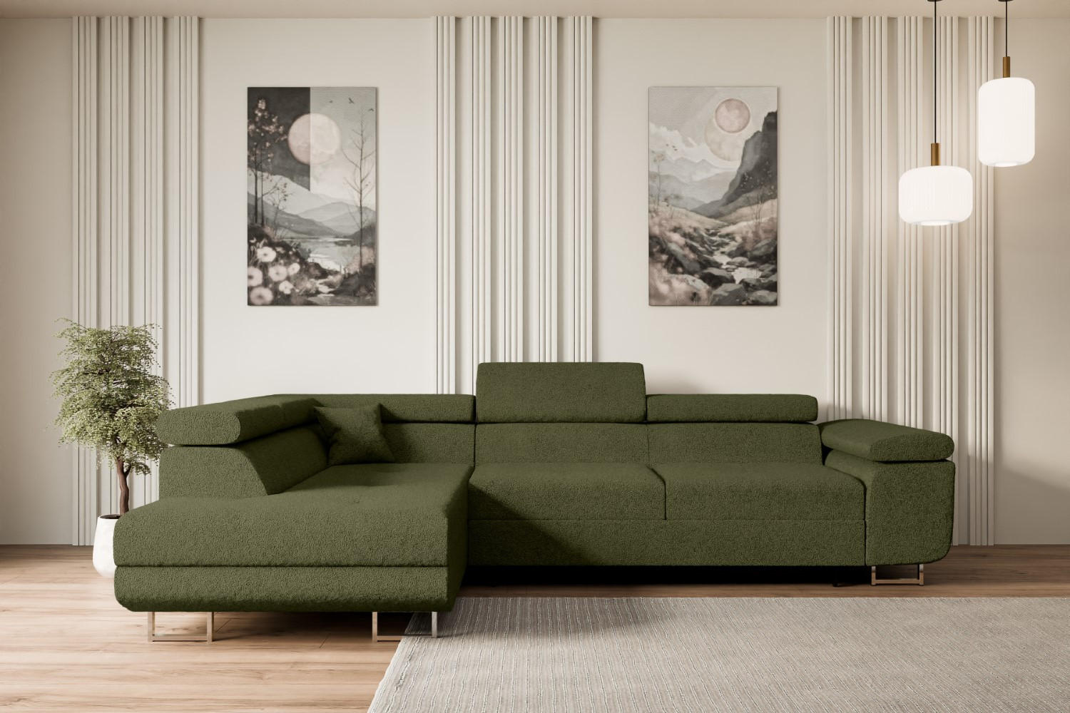 ECKSOFA mit Schlaffunktion und Bettkasten GUSA-L 272x202x107 cm Grün Bouclé - Silberfarben/Grün, Holzwerkstoff/Textil (202/272cm) - ALTDECOR