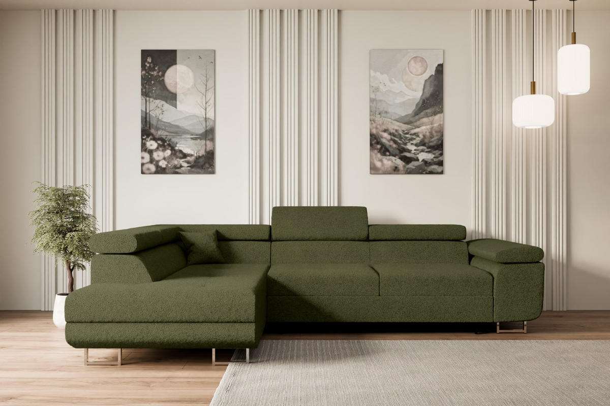ECKSOFA mit Schlaffunktion und Bettkasten GUSA-L 272x202x107 cm Grün Bouclé - Silberfarben/Grün, Holzwerkstoff/Textil (202/272cm) - ALTDECOR