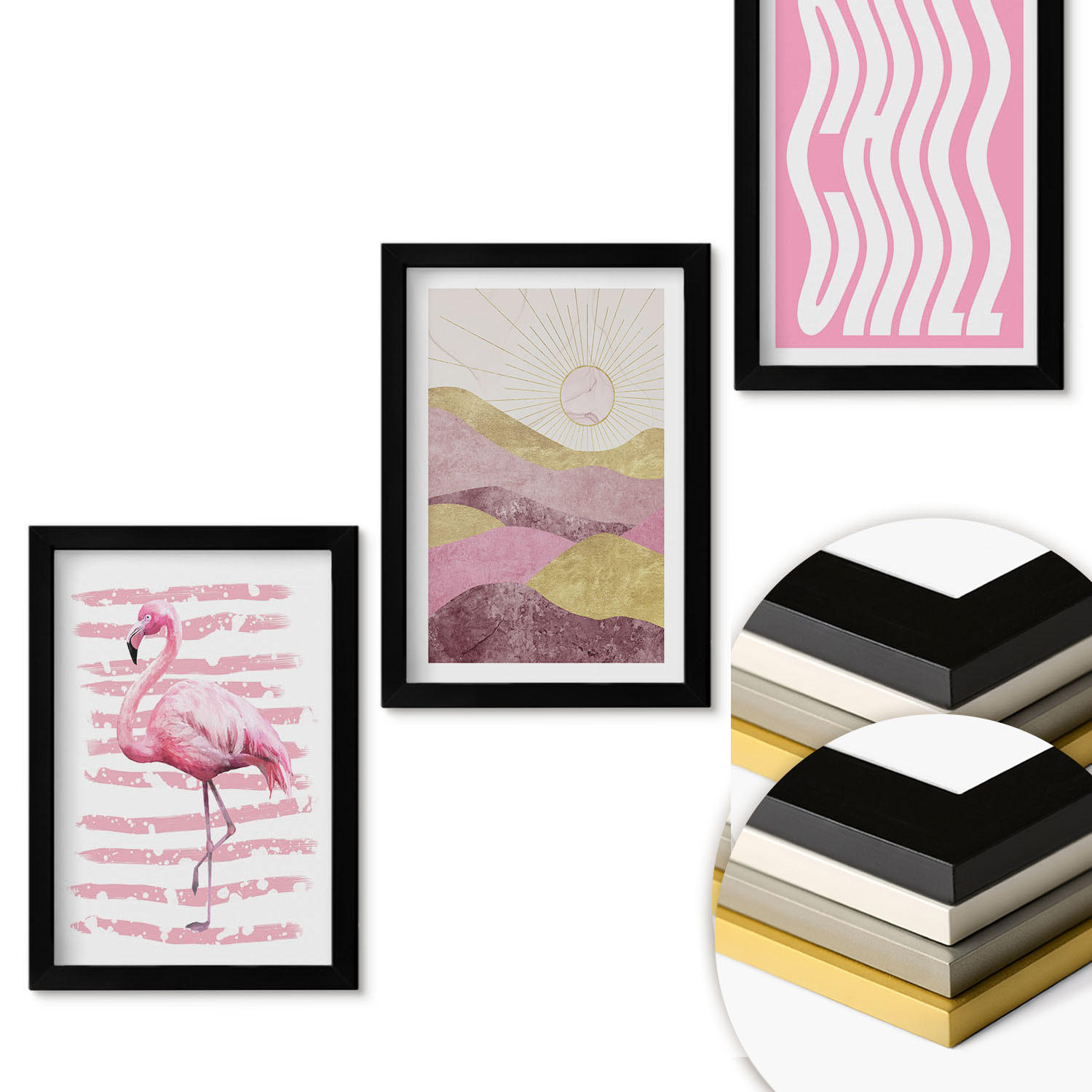 WANDBILDER 3er-Set - 20x30 cm Schwarzer Rahmen - Pastelllandschaft mit rosa Flamingos - Schwarz, Kunststoff (20/30cm) - ArtPrintCave