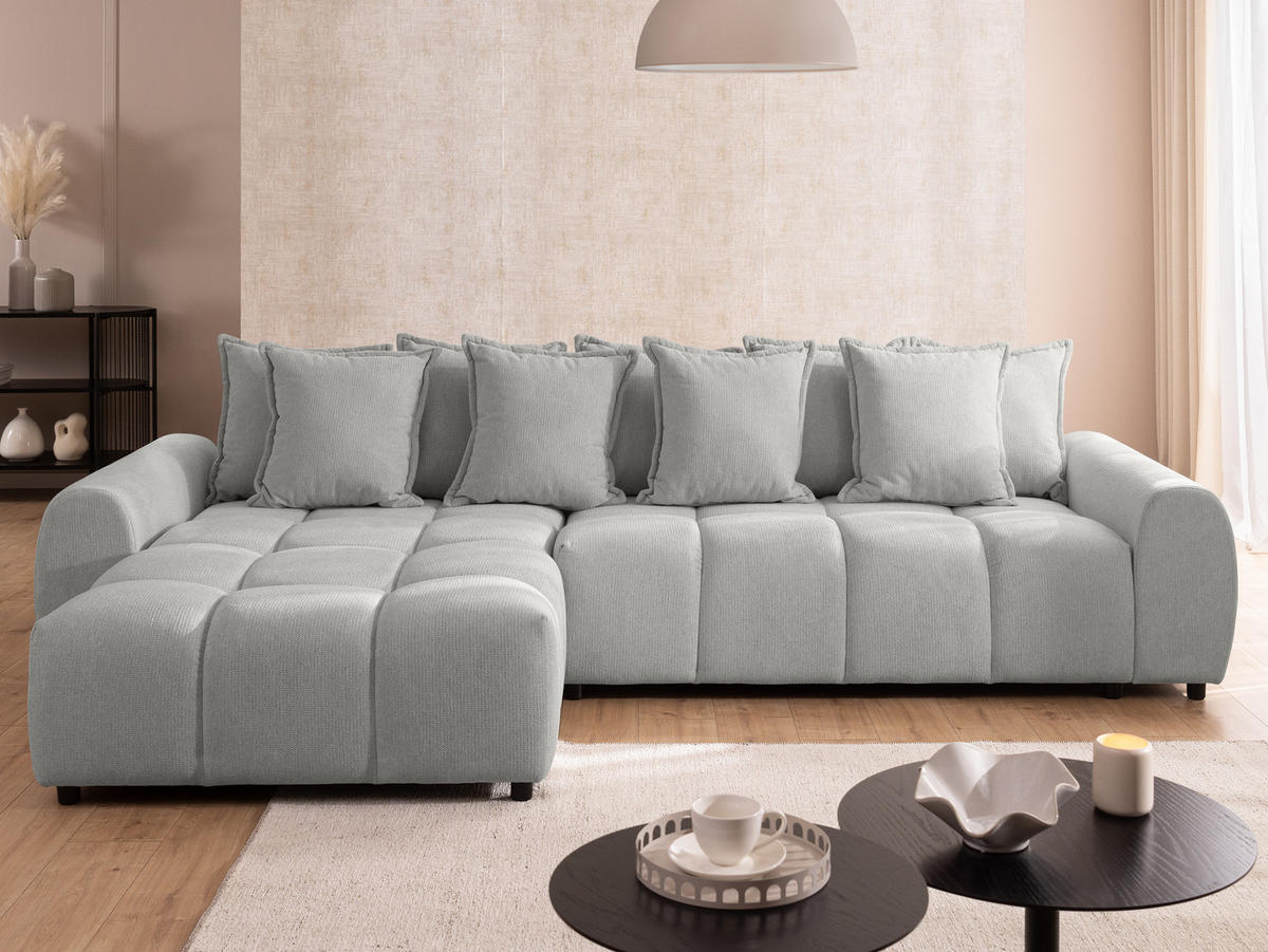 ECKSOFA Bubble mit losen Rückenkissen und Sitzfläche in Bubble-Optik aus weichem Hellgrau Strukturstoff mit schöner Sitzkomfort - Ottomane links - Hellgrau/Schwarz, Holz/Kunststoff (180/306cm) - S-Style Möbel