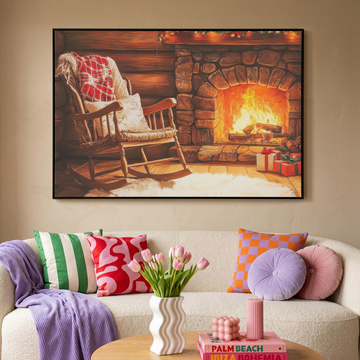 LEINWAND Bilder mit Rahmen - Winter - Weihnachten - Zuhause - Kamin - 120x80 - Bernsteinfarben, Textil (120/80cm) - MuchoWow