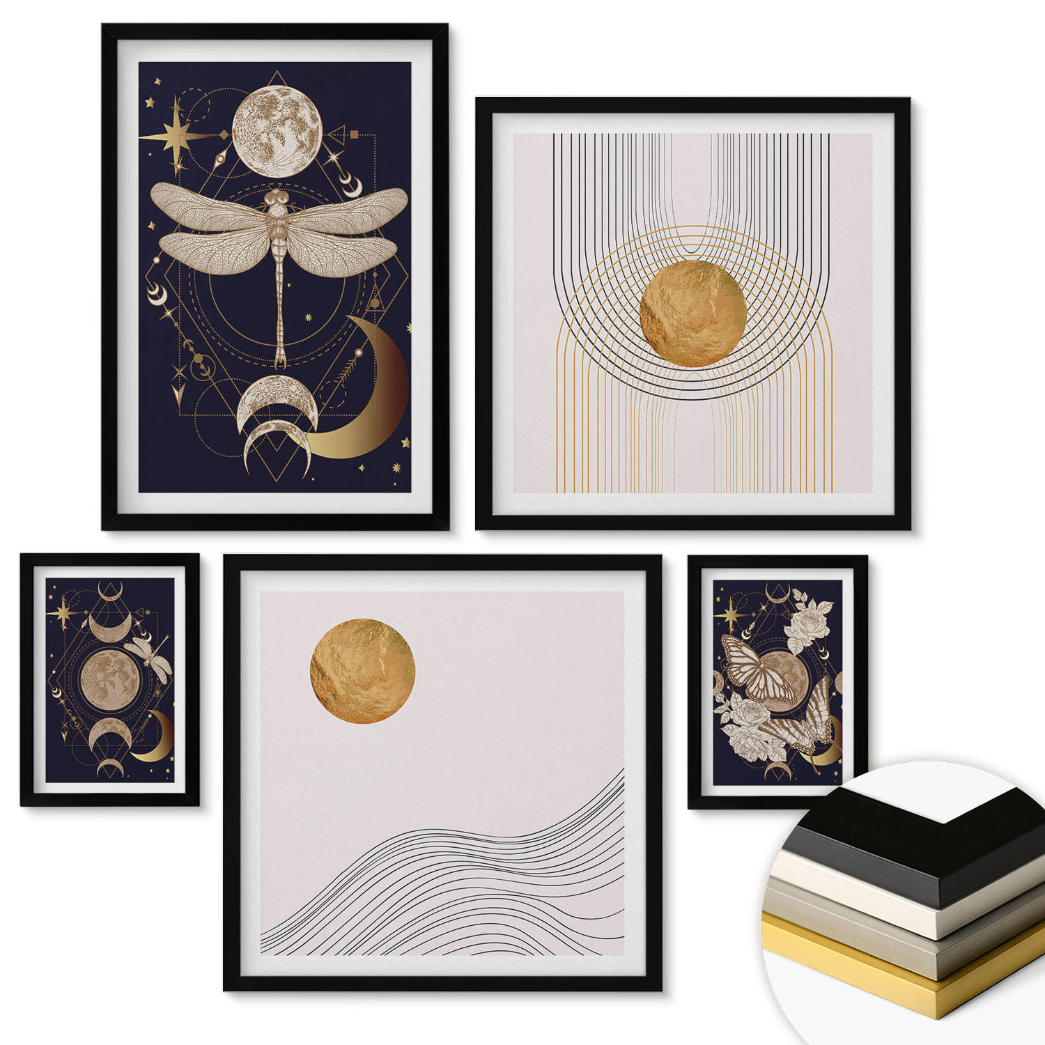 WANDBILDER 5er-Set - 50x50 cm & 20x30 cm & 40x60 cm Schwarzer Rahmen - Naturmotive mit dem Mond - Schwarz, Kunststoff (40/60cm) - ArtPrintCave