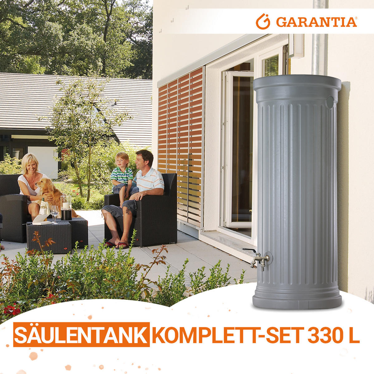 SÄULENTANK Komplett-Set 330 L, steingrau inkl. Chrom-Doppelauslaufhahn und Fallrohranschluss - Grau, Kunststoff (59/161/80cm) - GARANTIA
