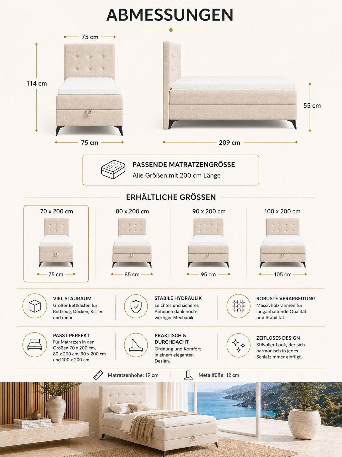 BOXBETT K15 Single SLIM mit Bettkasten & Bonell-Federkern ohne Topper - Beige, Holz/Textil (200/70cm) - Best For Home