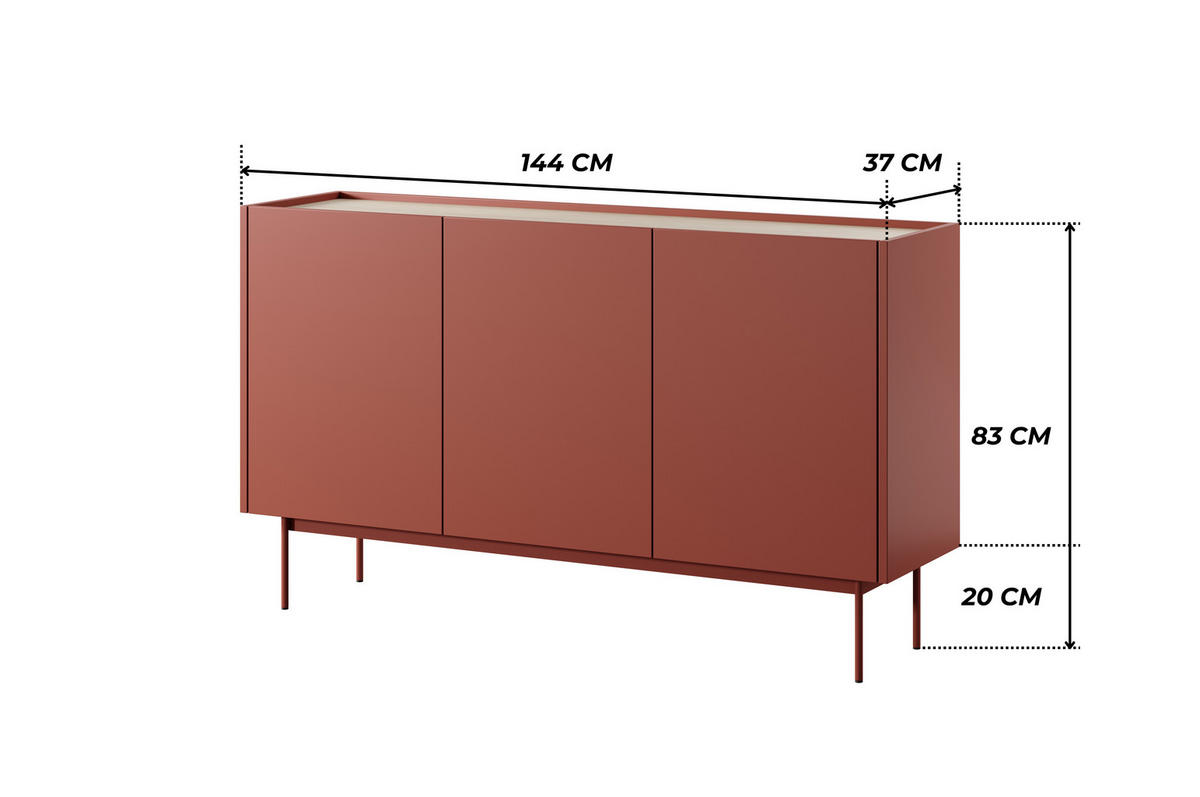 MODERNE Kommode LUMO K3D (Ceramic Red, Eiche Linea, Metallfüße, Soft-Close) - Eichefarben/Rot, Holz/Holzwerkstoff (144/83/37cm) - Ravio