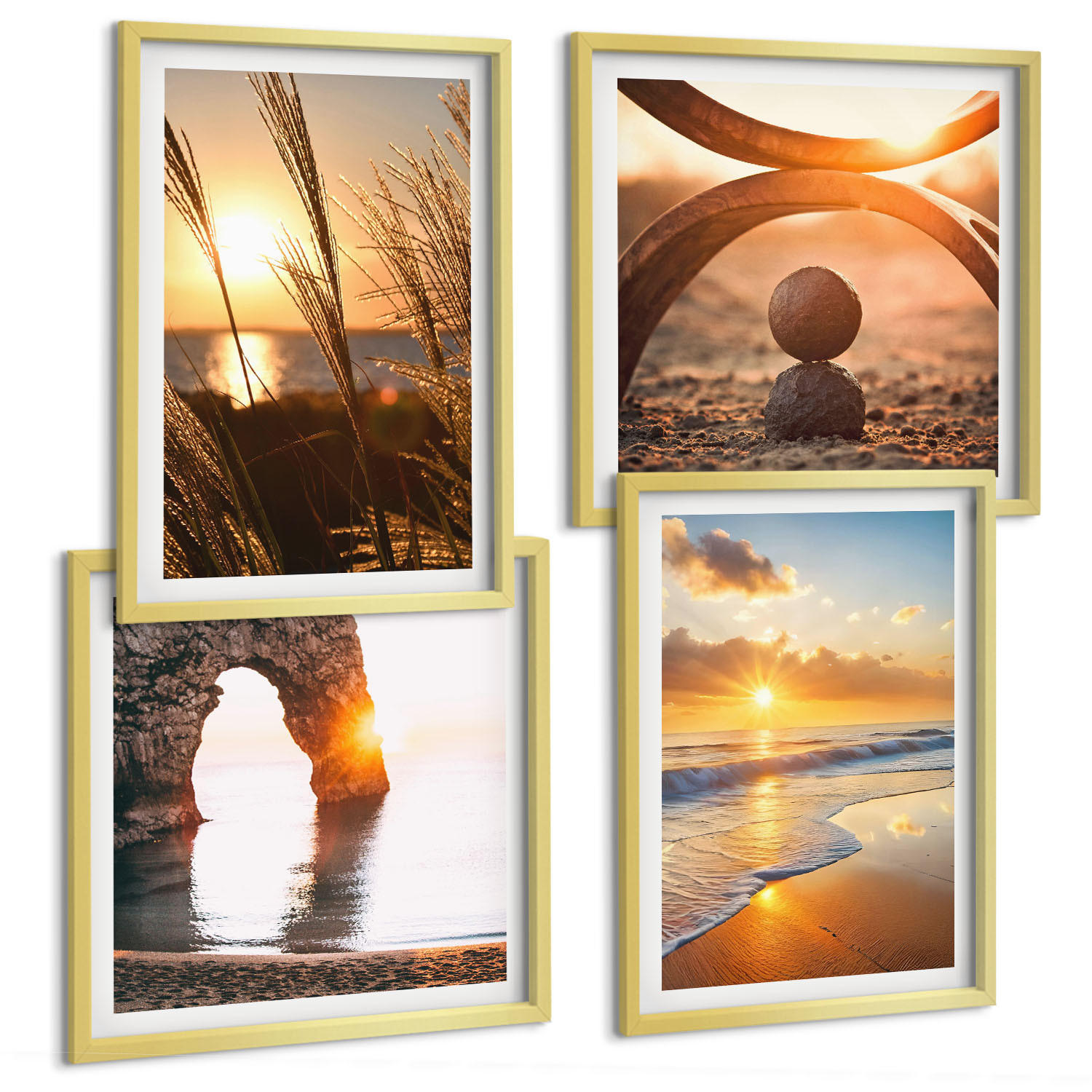 BILDER SET 4er Set - 50x50 cm & 40x60 cm Goldrahmen - Ruhige Landschaften am Strand der Sonne - Goldfarben, Kunststoff (50/50cm) - TULUP