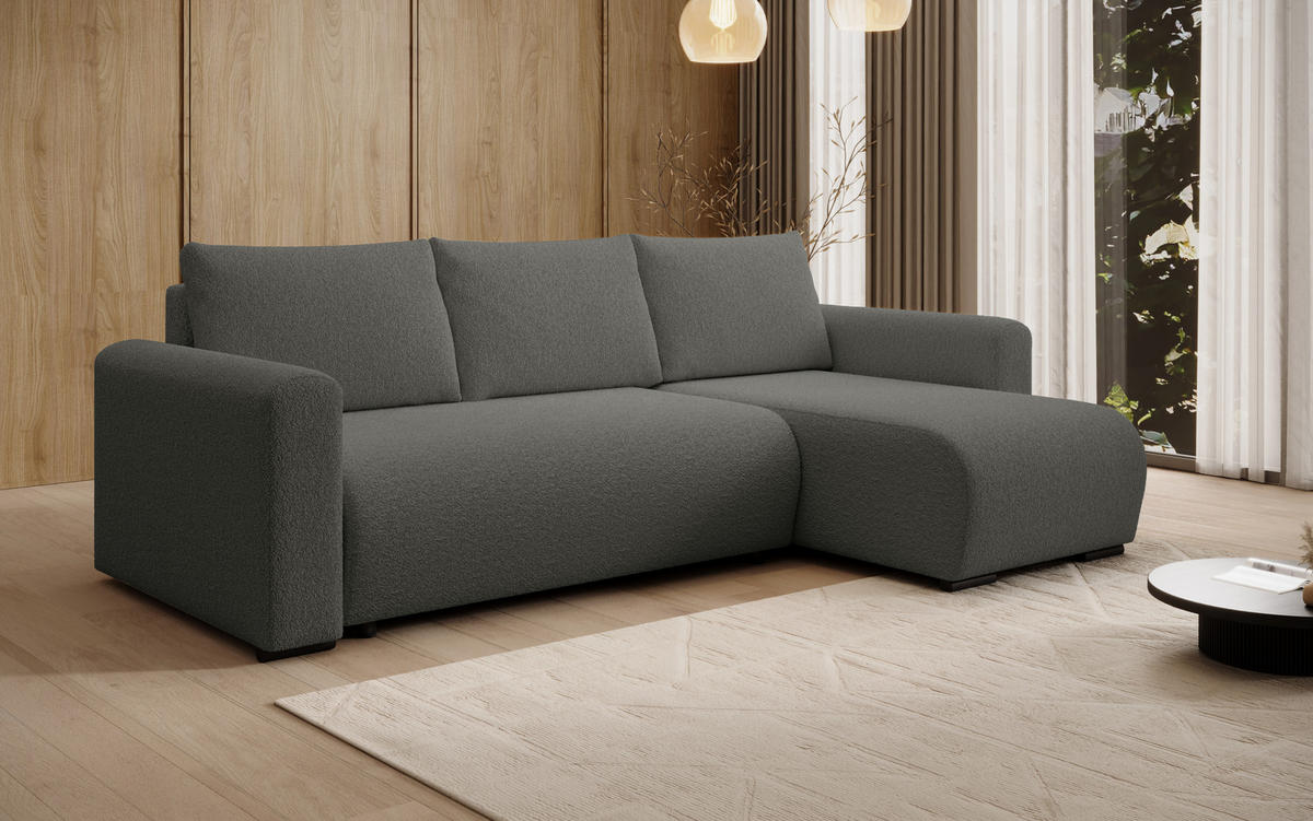 ECKSOFA DORA L, Eckcouch in L-Form mit Schlaffunktion und Bettkasten, Farbe: Dunkelgrau, Bouclé-Stoff, Ottomane Rechts - Dunkelgrau, Textil (240/143cm) - Storez24