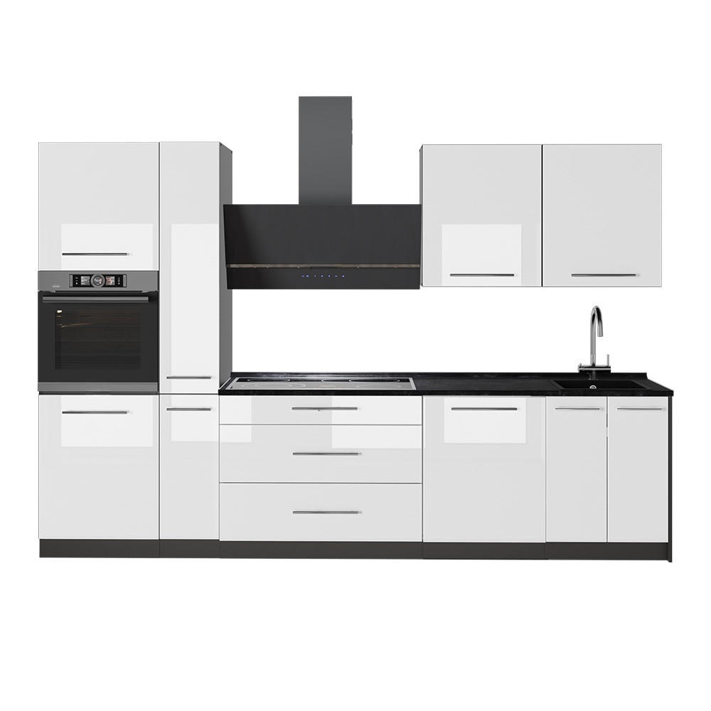 KÜCHENZEILE Fame-Line, Weiß Hochglanz/Anthrazit, 310 cm ohne Arbeitsplatte - Weiß Hochglanz/Anthrazit, Holzwerkstoff (310/206.8/51.6cm) - Vicco