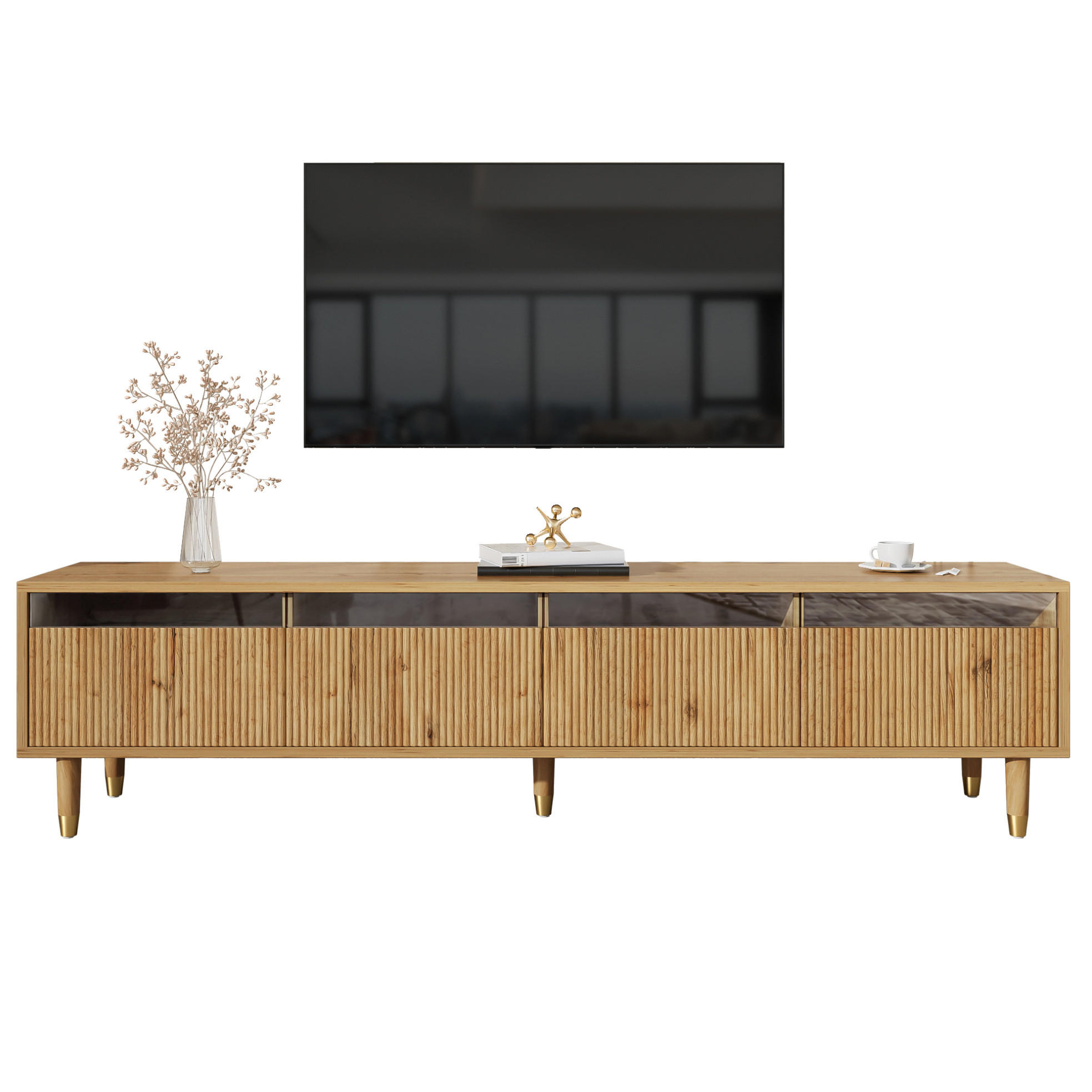 OKWISH TV stolek 178/35/45 cm v barvě dřeva z MDF s úložnými zásuvkami a kabelovým vedením