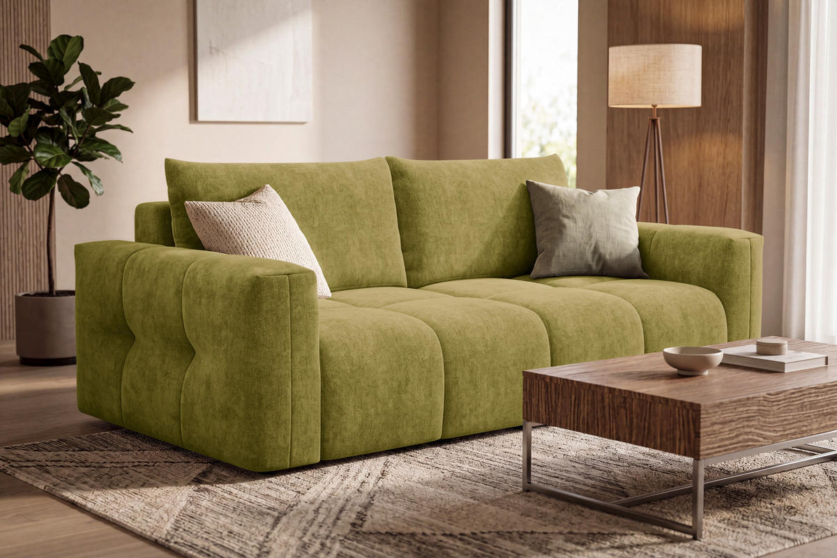 SOFA VERONA 3-Sitzer, Khaki - Schwarz/Grün, Holz/Textil (224/83/110cm) - Courtois Laville