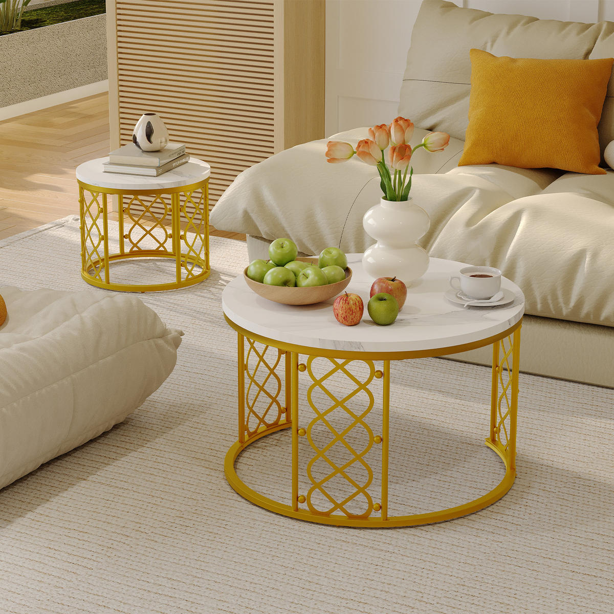 COUCHTISCH 2-teiliges Set 70/70/45 cm und 45/45/37 cm Weiß und Gold Stapelbar mit Stahlrahmen - Goldfarben/Weiß, Holzwerkstoff (70/70/45cm) - OKWISH