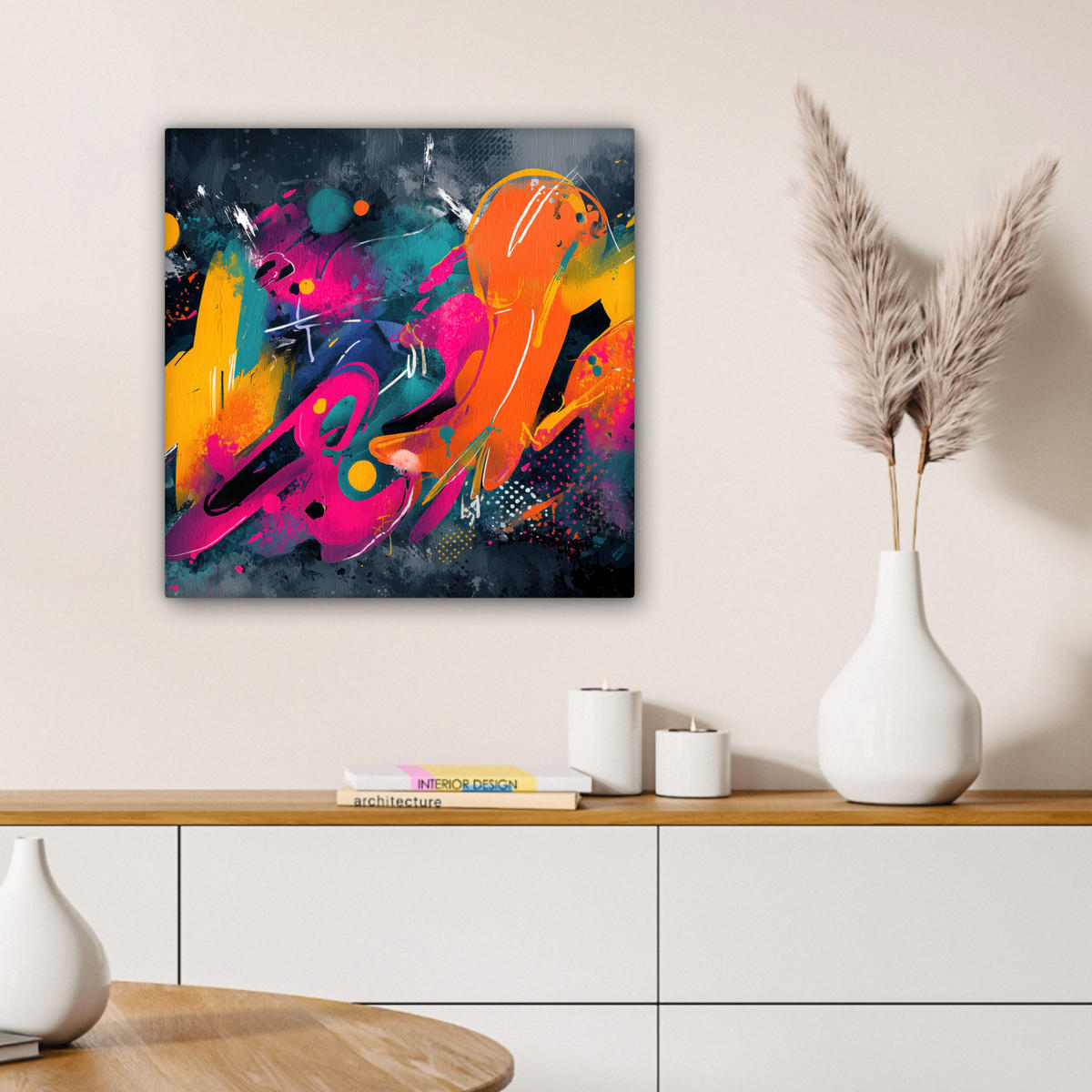 LEINWANDBILD Abstrakt - Graffiti - Farbenfroh - Farbspritzer Wandbild Wohnzimmer 50x50 cm - Multicolor, Textil (50/50cm) - MuchoWow