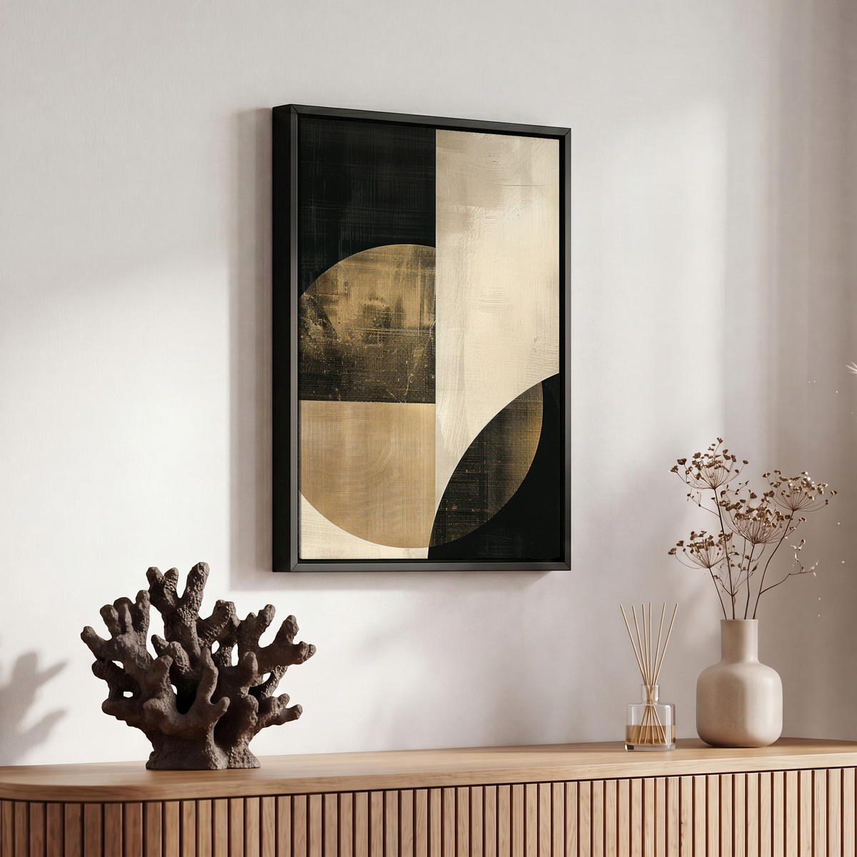 LEINWAND Bilder mit Rahmen - Abstrakt - Geometrische Formen - Schwarz - Gold - 20x30 - Ecru, Textil (20/30cm) - MuchoWow