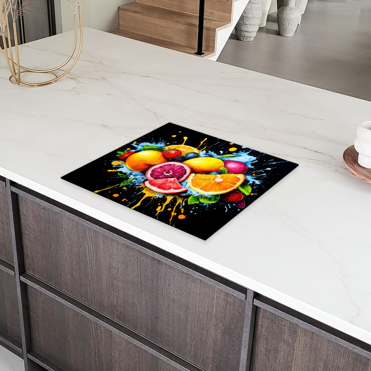 HERDABDECKPLATTE Obst - Graffiti - Bunt - Orange - Erdbeere - Abstrakt 58x51 cm - Orange, Kunststoff (58.3/0.2/51.3cm) - MuchoWow