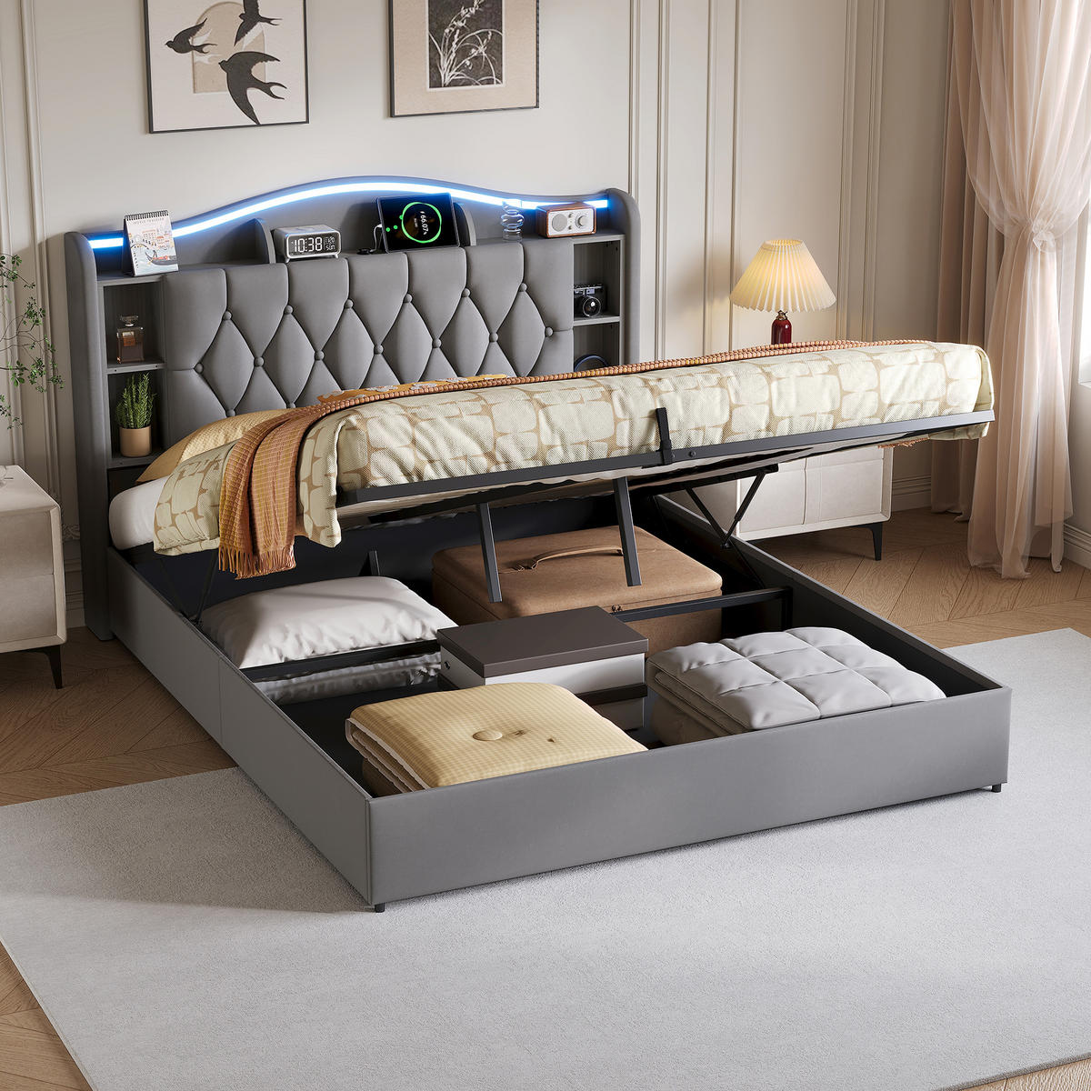 POLSTERBETT 140x190 cm mit Bettkasten, LED & USB, Doppelbett mit Kopfteil Stauraum und kabellosem Laden, Grau - Grau, Metall (140/190cm) - EuroLiving
