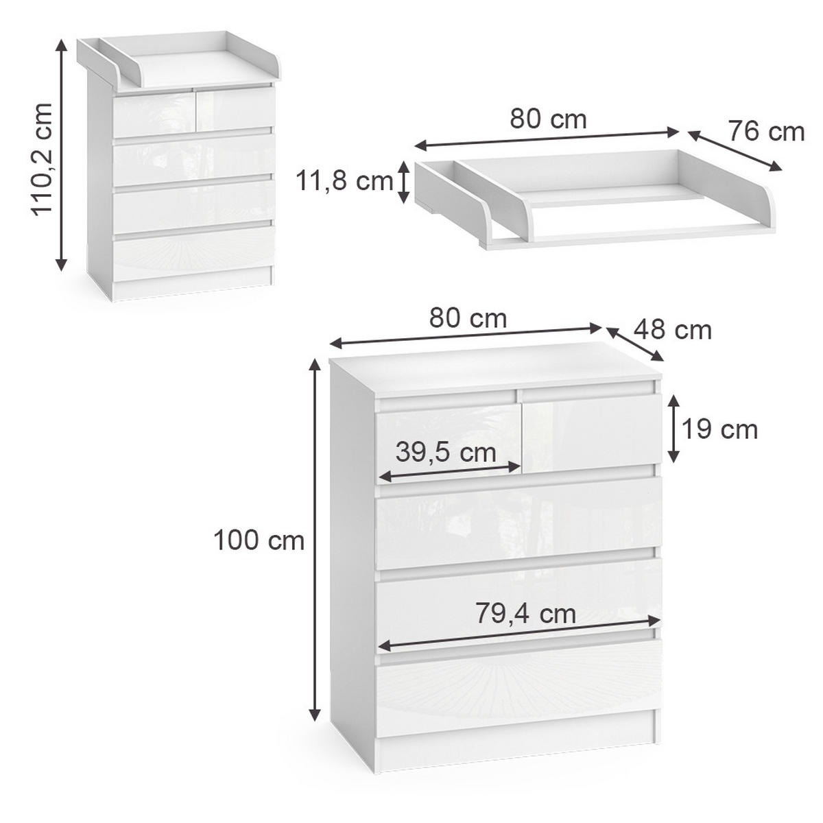 WICKELKOMMODE Emma Weiß 80 x 110.2 cm mit 5 Schubladen - Weiß Hochglanz/Weiß, Holzwerkstoff (80/110.2/76cm) - Vicco