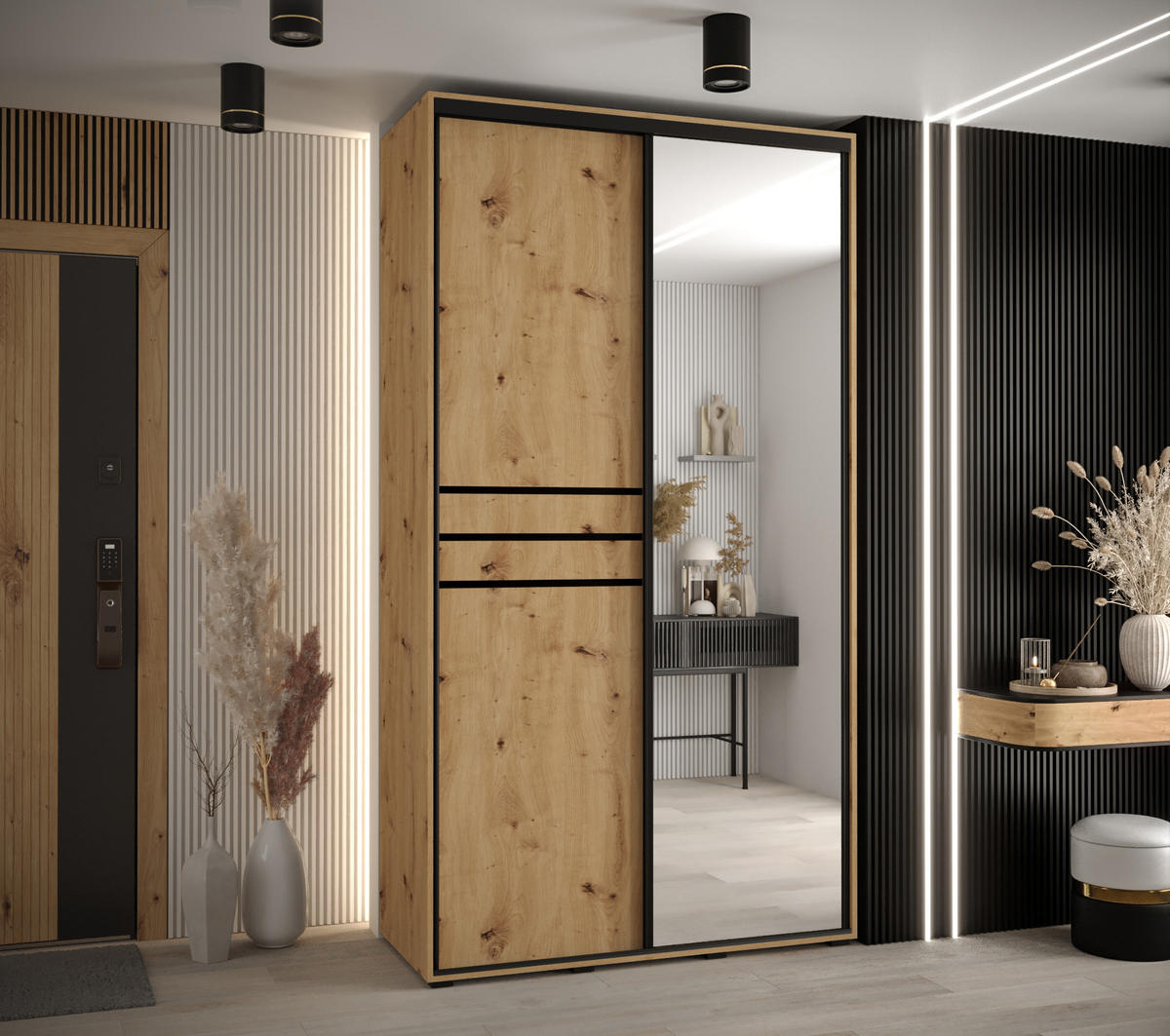 SCHWEBETÜRENSCHRANK 235,2/130/60 2-türig - Schwarz/Eiche Artisan, Holz/Metall (130/235/60cm) - Abiks Möbel