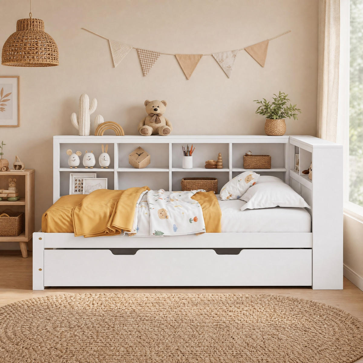 JUGENDBETT 140/200+90/190 mit USB-Steckdose und Ablagefächern aus Massivholz in Weiß - Weiß, Holzwerkstoff (140/200cm) - EVRYAE
