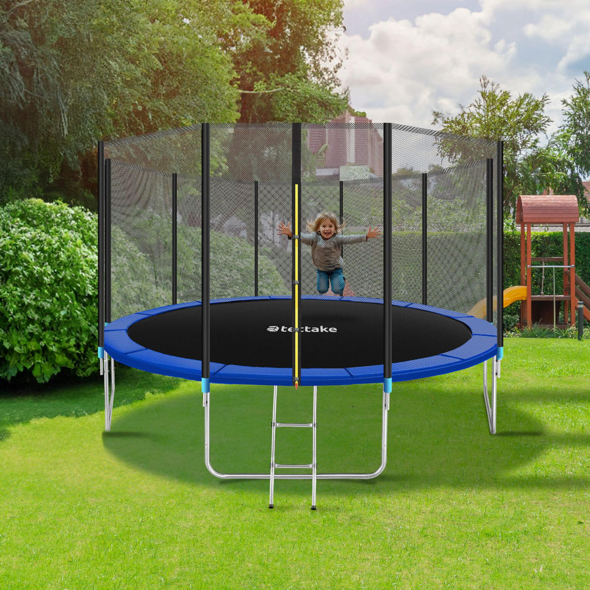TRAMPOLIN Garfunky,inklusive Einstiegsleiter,schwarz/blau - Blau/Schwarz, Metall (427/260/427cm) - tectake