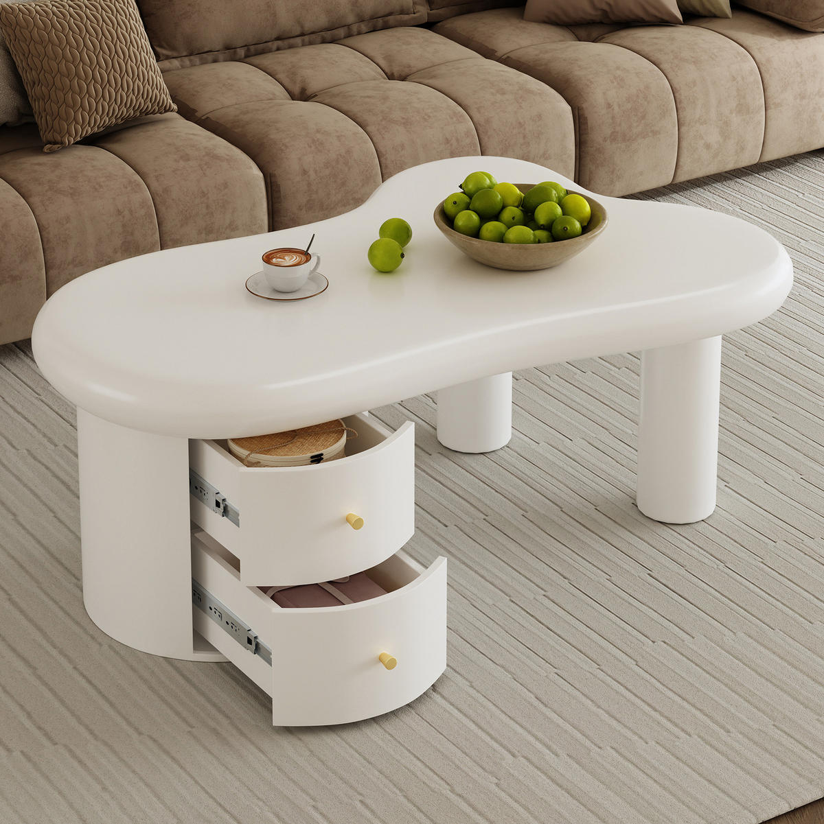 COUCHTISCH 97/64/42 cm in Weiß mit 2 Schubladen und organischer Form - Weiß, Holzwerkstoff (97/64/42cm) - Flora Grace