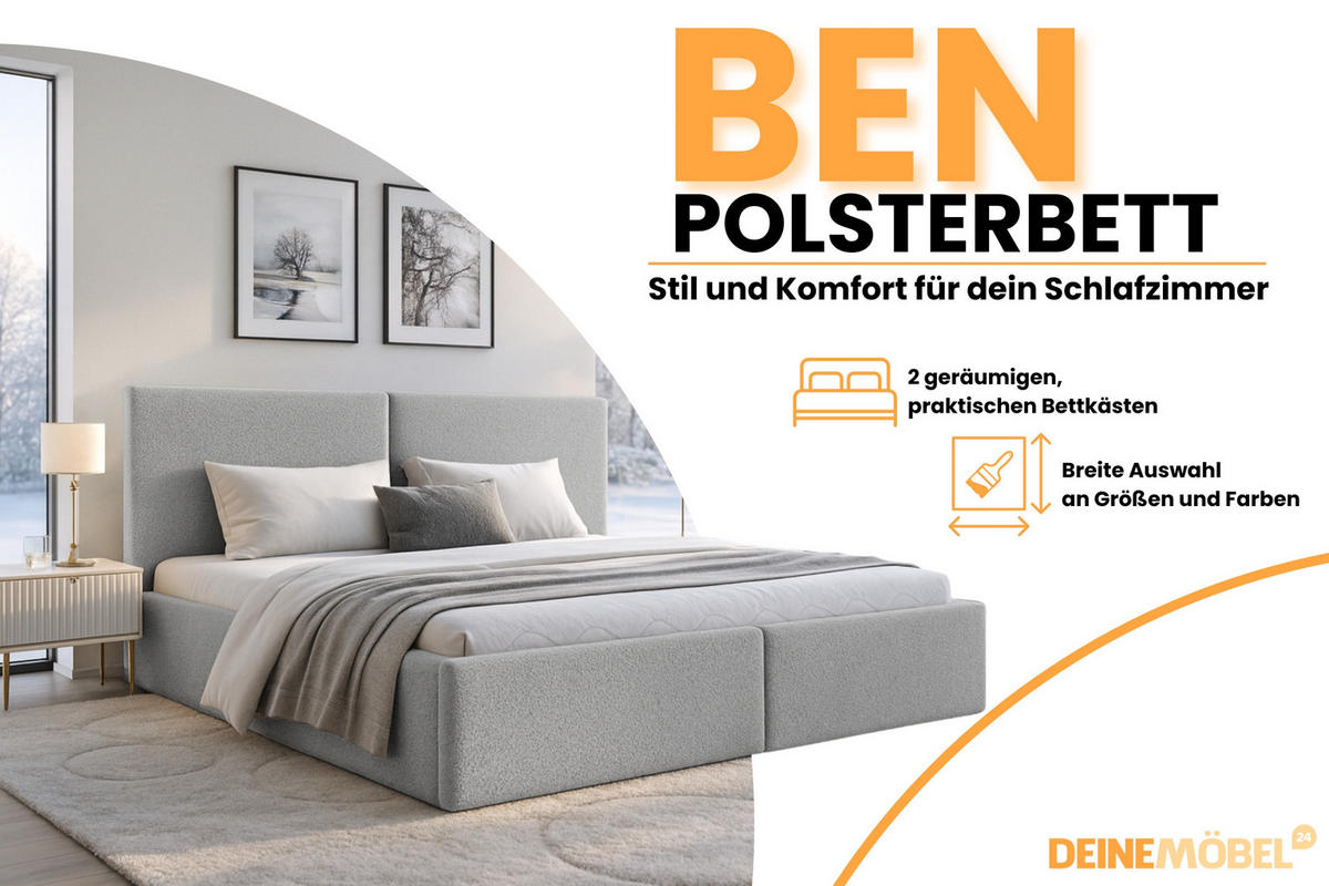 POLSTERBETT BEN 140/200 in Boucle Hellgrau - Hellgrau, Holz/Holzwerkstoff (140/200cm) - Deine Möbel 24
