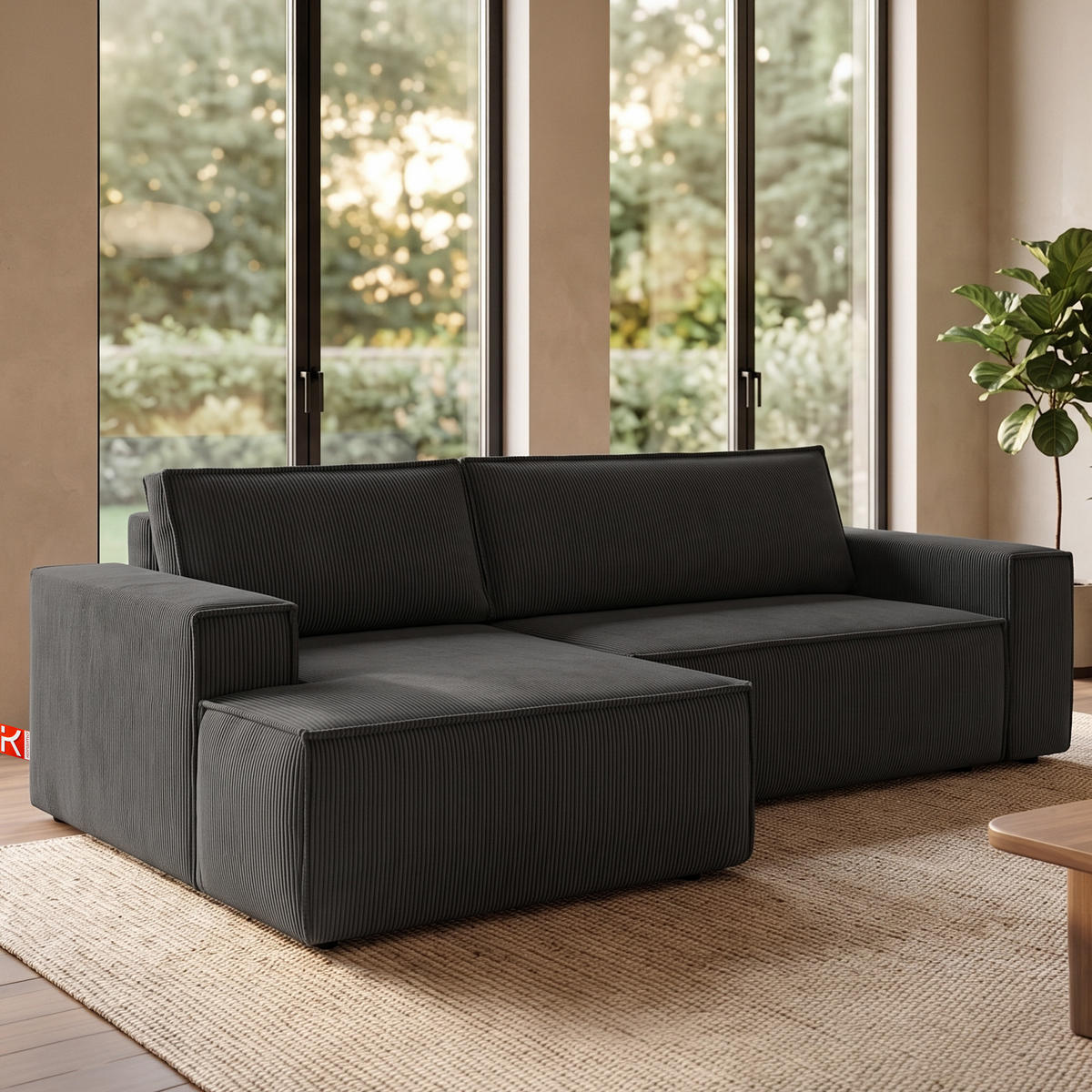 ECKSCHLAFSOFA-LINKS NAPI in Pet Friendly Cord-Stoff, dunkelgrau - Dunkelgrau/Schwarz, Textil (262/148cm) - KONSIMO®