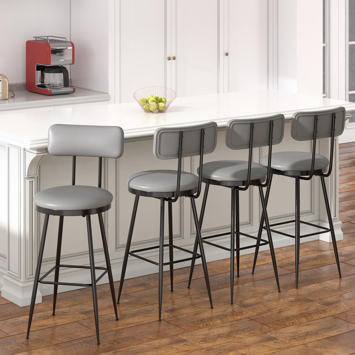 BARHOCKER 4er Set Metallgestell Kunstleder Rückenlehne Fußstütze 65 cm grau - Grau, Holz (38/85.5/38cm) - Fortuna Lai