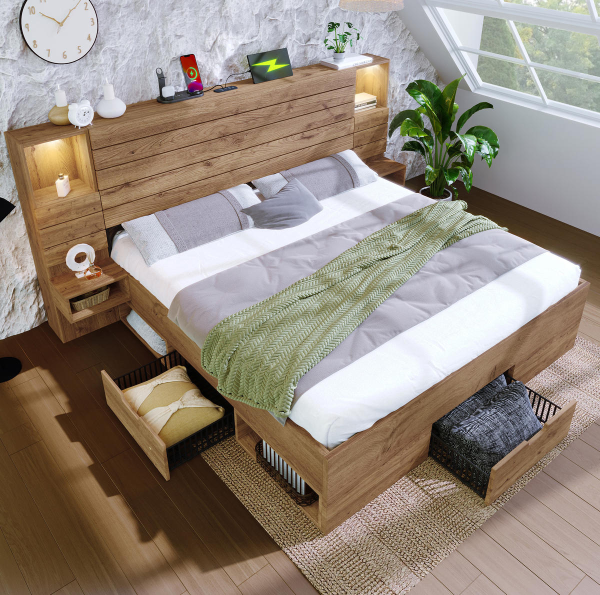 BETT 180/200 cm in Eiche mit LED-Beleuchtung und USB- und Type-C-Anschlüssen - Eichefarben, Holzwerkstoff (180/200cm) - Flora Grace