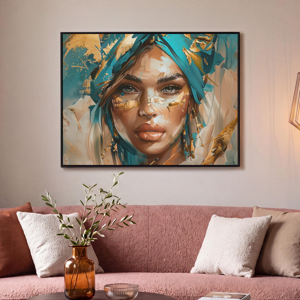 LEINWAND Bilder mit Rahmen - Frau - Porträt - Gold - Luxus - Blau - 100x70 - Türkis, Textil (100/70cm) - MuchoWow