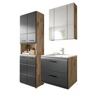 BADMÖBEL-SET schwarz matt, Nox Eiche 3-teilig, Badkombination inklusive Waschbecken - Eichefarben/Schwarz, Glas/Holzwerkstoff (135/185/46cm) - Inn.Furn