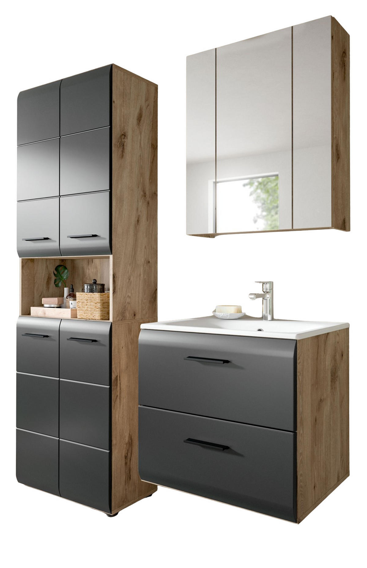 BADMÖBEL-SET schwarz matt, Nox Eiche 3-teilig, Badkombination inklusive Waschbecken - Eichefarben/Schwarz, Glas/Holzwerkstoff (135/185/46cm) - Inn.Furn