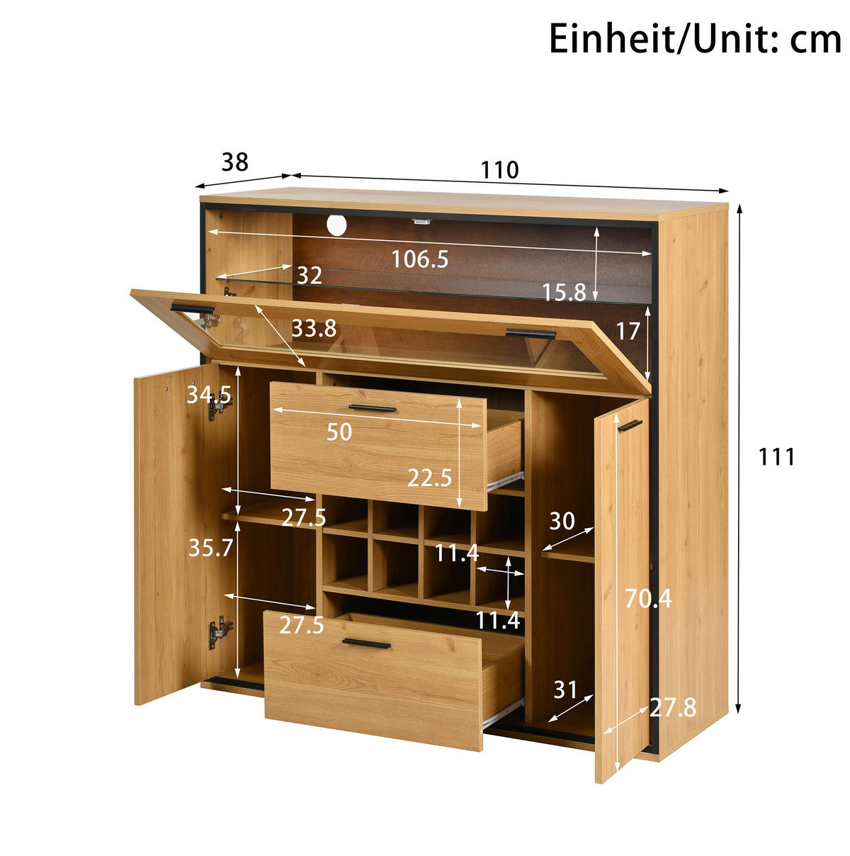 KOMMODE aus Spanplatte 110x38x111cm in Natur mit LED-Beleuchtung - Naturfarben, Holzwerkstoff (110/111/38cm) - Modfu