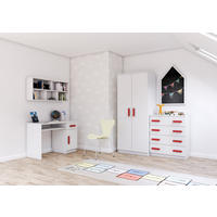 JUGENDZIMMER Elora in Weiß – 4-teiliges Set mit Schreibtisch, Kommode, Wandregal und Schrank – Grifffarbe Rot - Weiß, Holzwerkstoff (80/200/120cm)