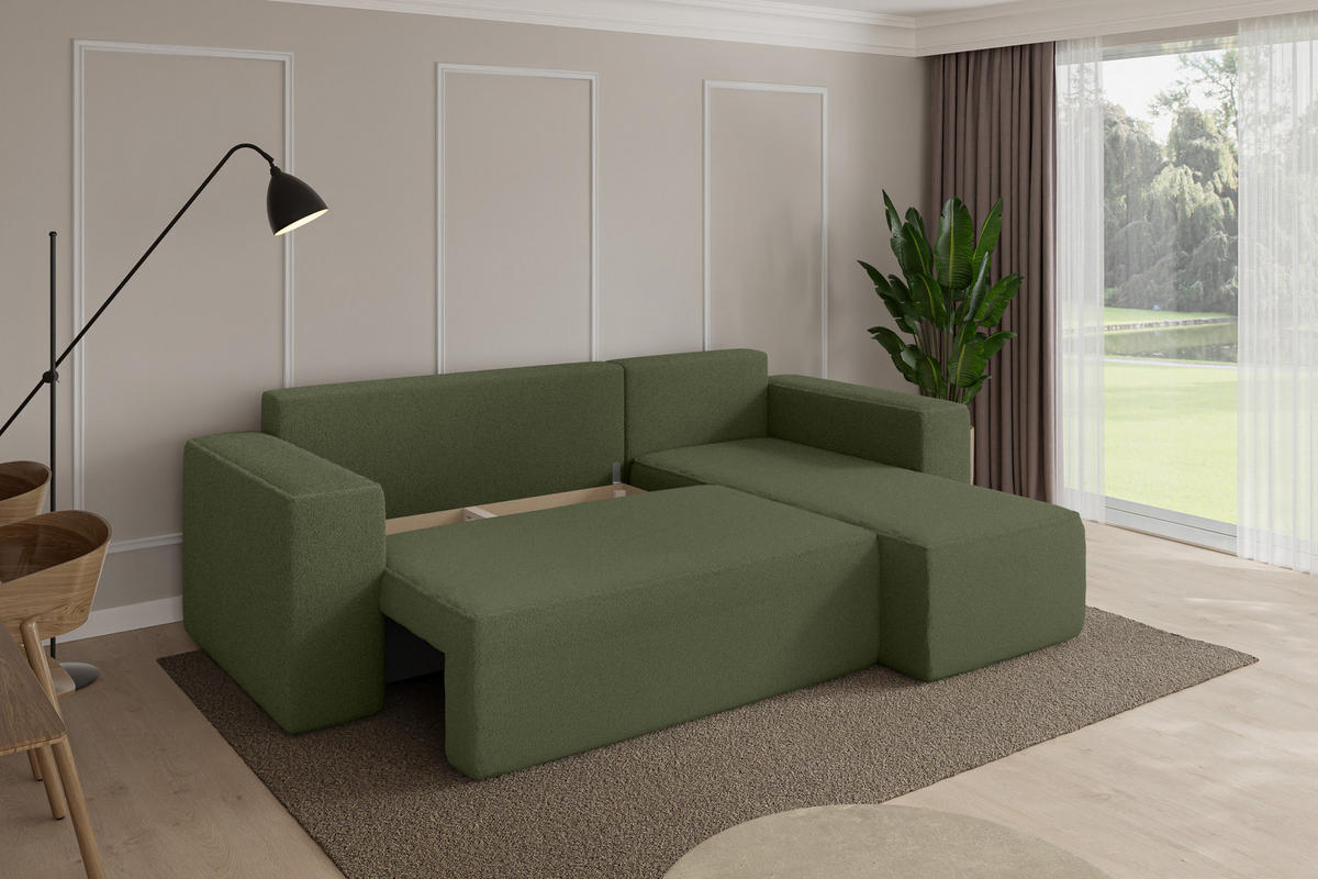 ROHOVÁ SEDAČKA s funkcí spaní, otoman vpravo SENO-L 249x139x85 zelená bouclé - černá/zelená barva, kompozitní dřevo/textil (249/139cm) - ALTDECOR
