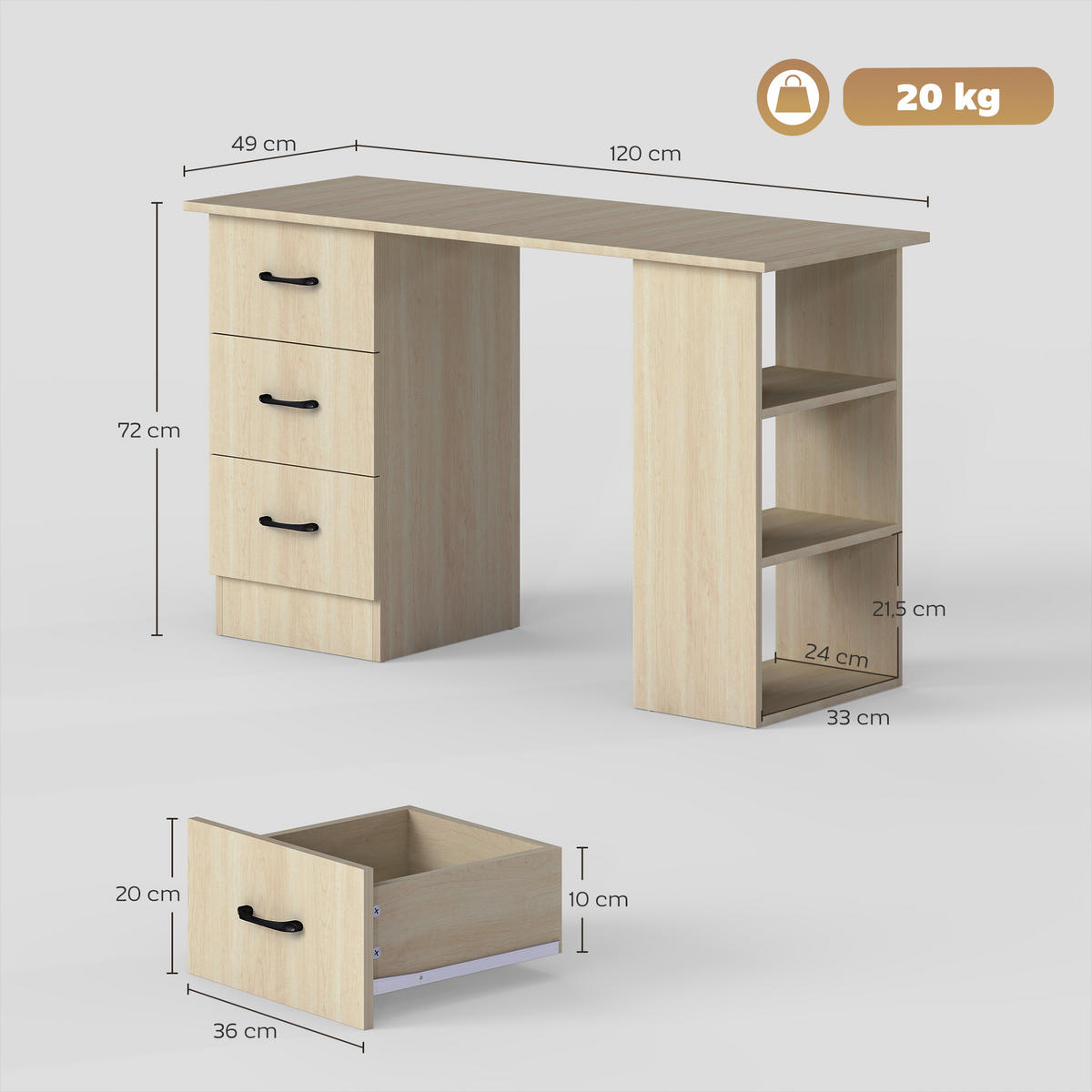SCHREIBTISCH DE-14868 mit 3 Schubladen & 3 Regalböden Holzoptik - Naturfarben, Holzwerkstoff (120/49/72cm) - ComfortXL