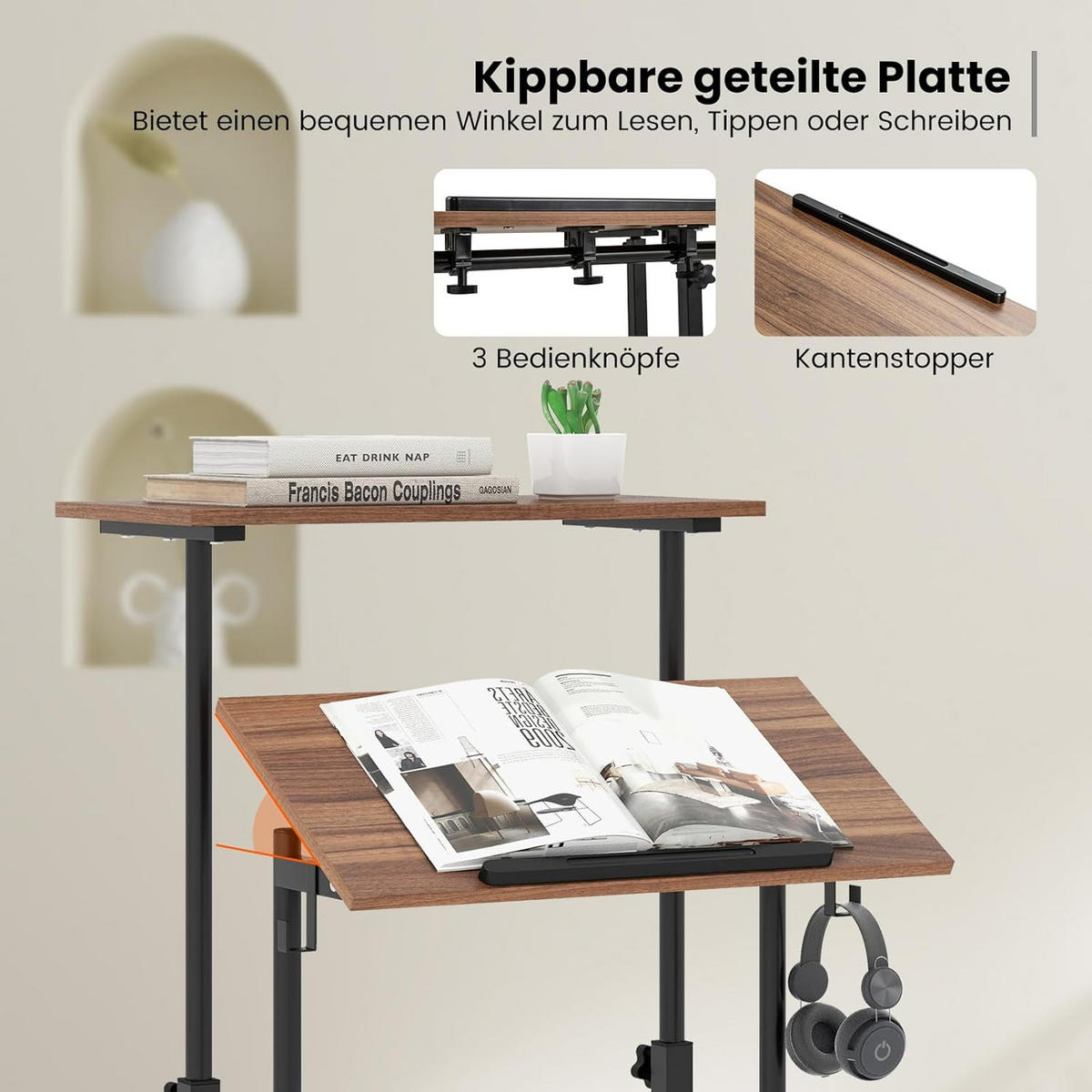 DATORBORD Valnöt - Valnötsfärgad, Träbaserade material (55/60/124cm) - COSTWAY