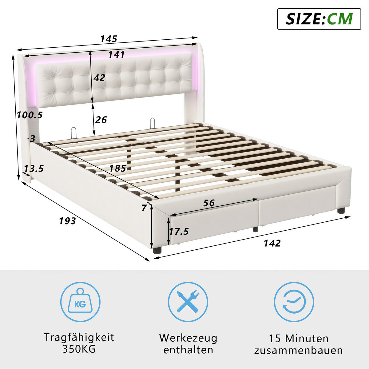 POLSTERBETT 140x190 cm LED Lattenrost Bettgestell beige - Beige, Holz (140/190cm) - LEBENLANG
