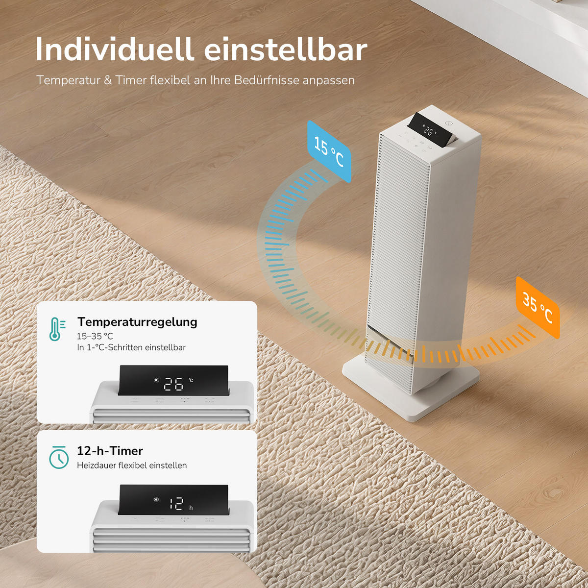 HEIZLÜFTER 2 in 1 mit Ventilator 70 x 24 cm, LED Display, Fernbedienung, Weiß - Weiß, Keramik/Kunststoff (24/70/24cm) - EMKE