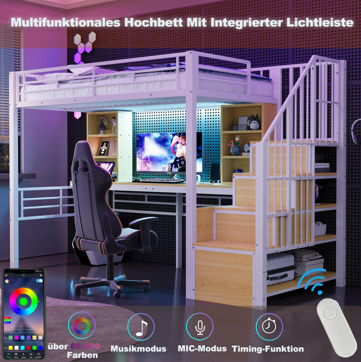 PATROVÁ postel 90/200 cm bílá z MDF, kovu a překližky s pracovní deskou a LED osvětlením - bílá, kompozitní dřevo (90/200cm) - OKWISH