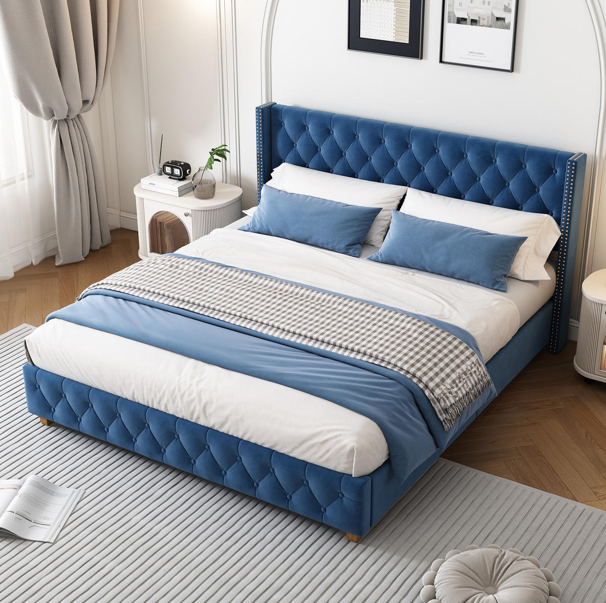 TAPECIRANI krevet 160/200 cm plavi od baršuna s uzglavljem i letvičastom podlogom - plava, tekstil (160/200cm) - OKWISH