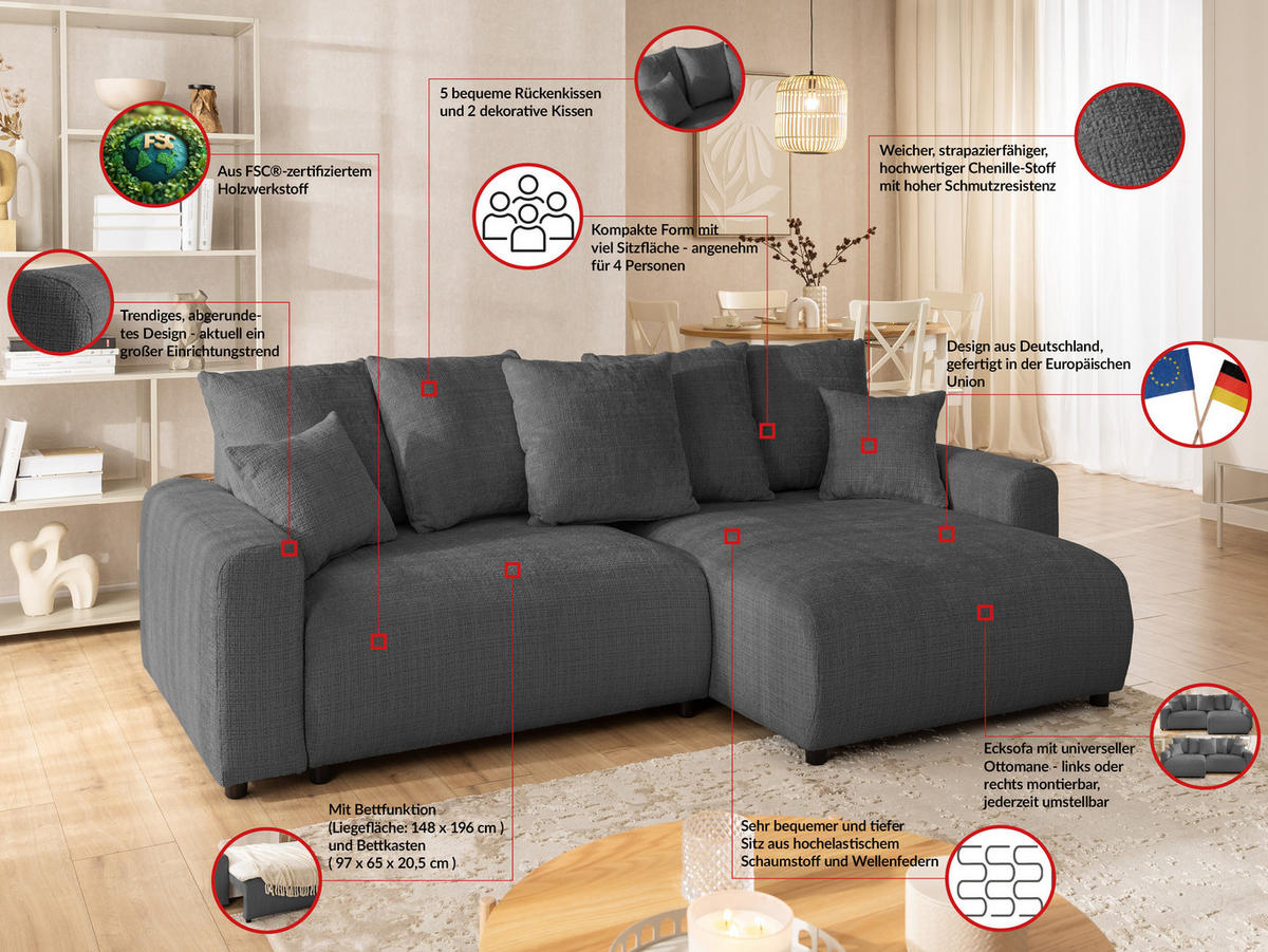 ECKSOFA Calma mit Schlaffunktion und Bettkasten im Bumpy-Design aus weichem Grau Chenille-Stoff - Ottomane rechts - Beige/Schwarz, Holz/Kunststoff (239/140cm) - S-Style Möbel