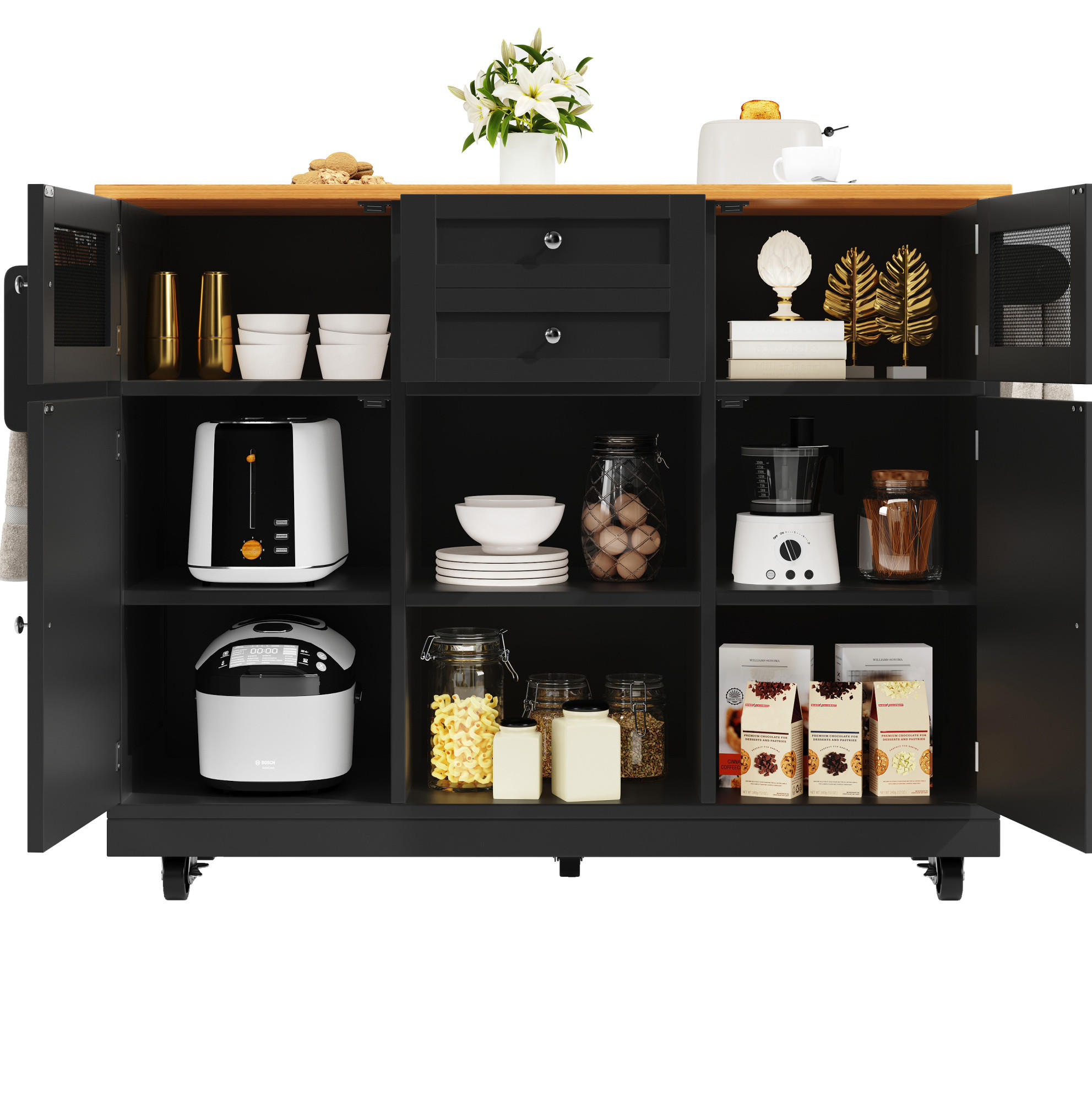 OKWISH KUCHYŇSKÝ ostrůvek 140/70/93,5 cm černý z MDF s výklopnou deskou a úložným prostorem