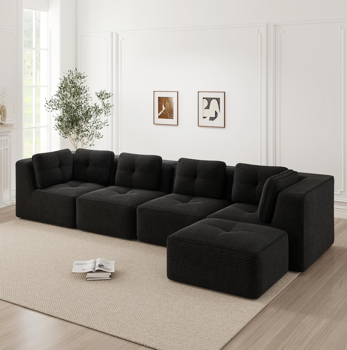 ECKSOFA modular mit tiefer Sitzfläche Cord Schwarz - Schwarz, Kunststoff (177/386.1cm) - Meubliv