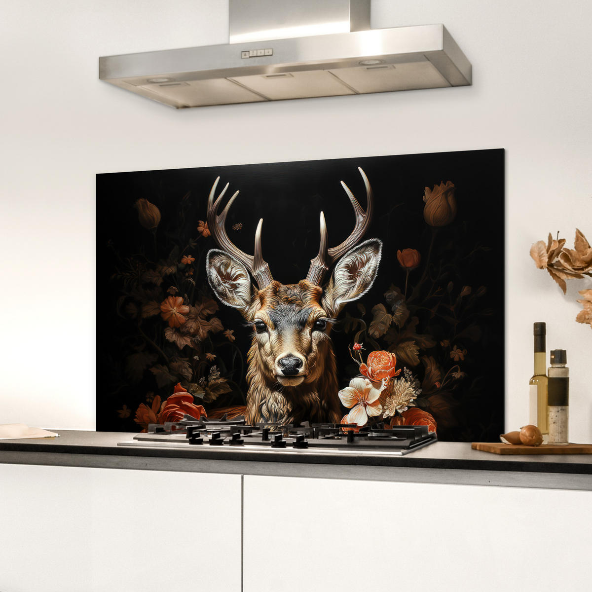 SPRITZSCHUTZ KÜCHE Hirsch - Tier - Blumen - Natur - Botanisch 80x55 cm - Kupferfarben, Metall (80/0.3/55cm) - MuchoWow