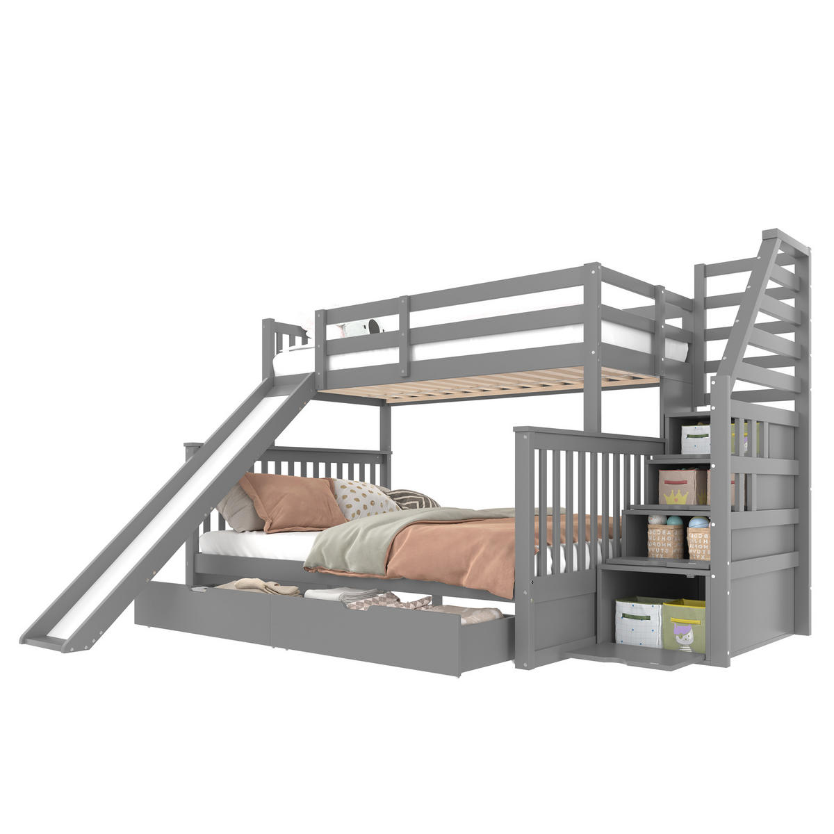 ETAGENBETT 90/200 cm Grau mit Schubladen und Rutsche aus Kiefernholz - Grau, Holz (90/200cm) - OKWISH