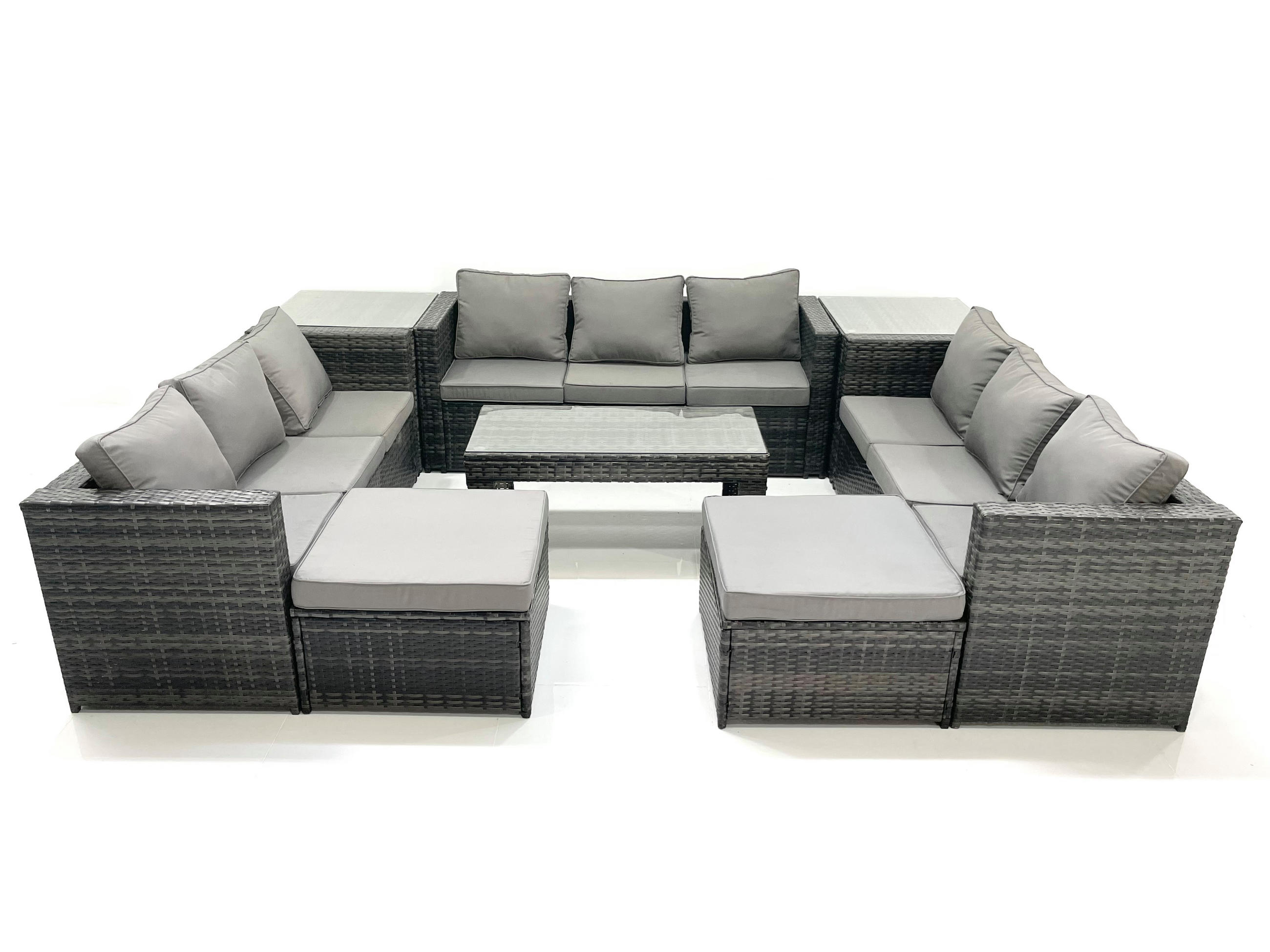 GARTENMÖBEL COUCHTISCH SET mit Sofa Polyrattan Outdoor 11-Sitzer - Dunkelgrau/Grau, Glas/Kunststoff - Fimous