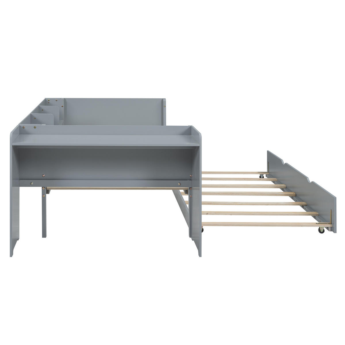 FLACHBETT 90/200 cm Grau mit ausziehbarem Bett und Schreibtisch aus Kiefernholz und MDF - Grau, Holz (90/200cm) - OKWISH
