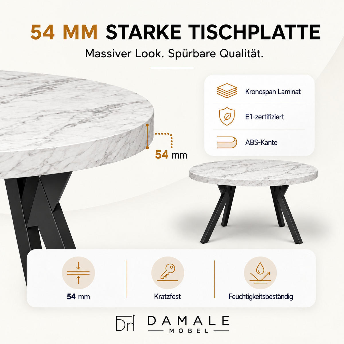 ESSTISCH rund ausziehbar 90/190/76 cm, Marmor, 54 cm Tischplatte + Y Metallgestell Schwarz - Hellgrau/Schwarz, Holzwerkstoff/Metall (90/190/76cm) - Damale Möbel