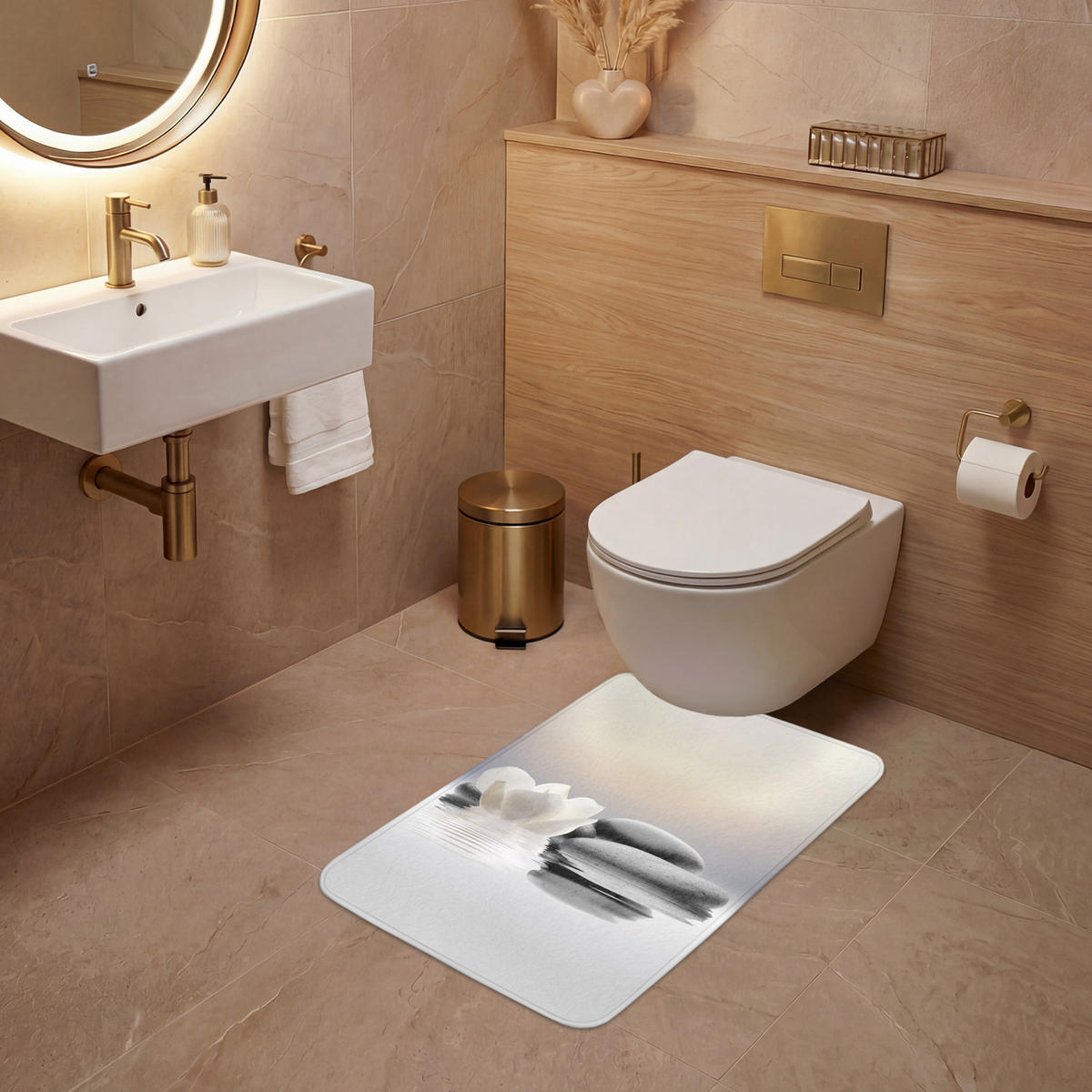 WC PŘEDLOŽKA Kameny - Lotos - Bílý - Voda - Zen 50x80 cm - bílá, textil/plast (50/1cm) - OnlyWow