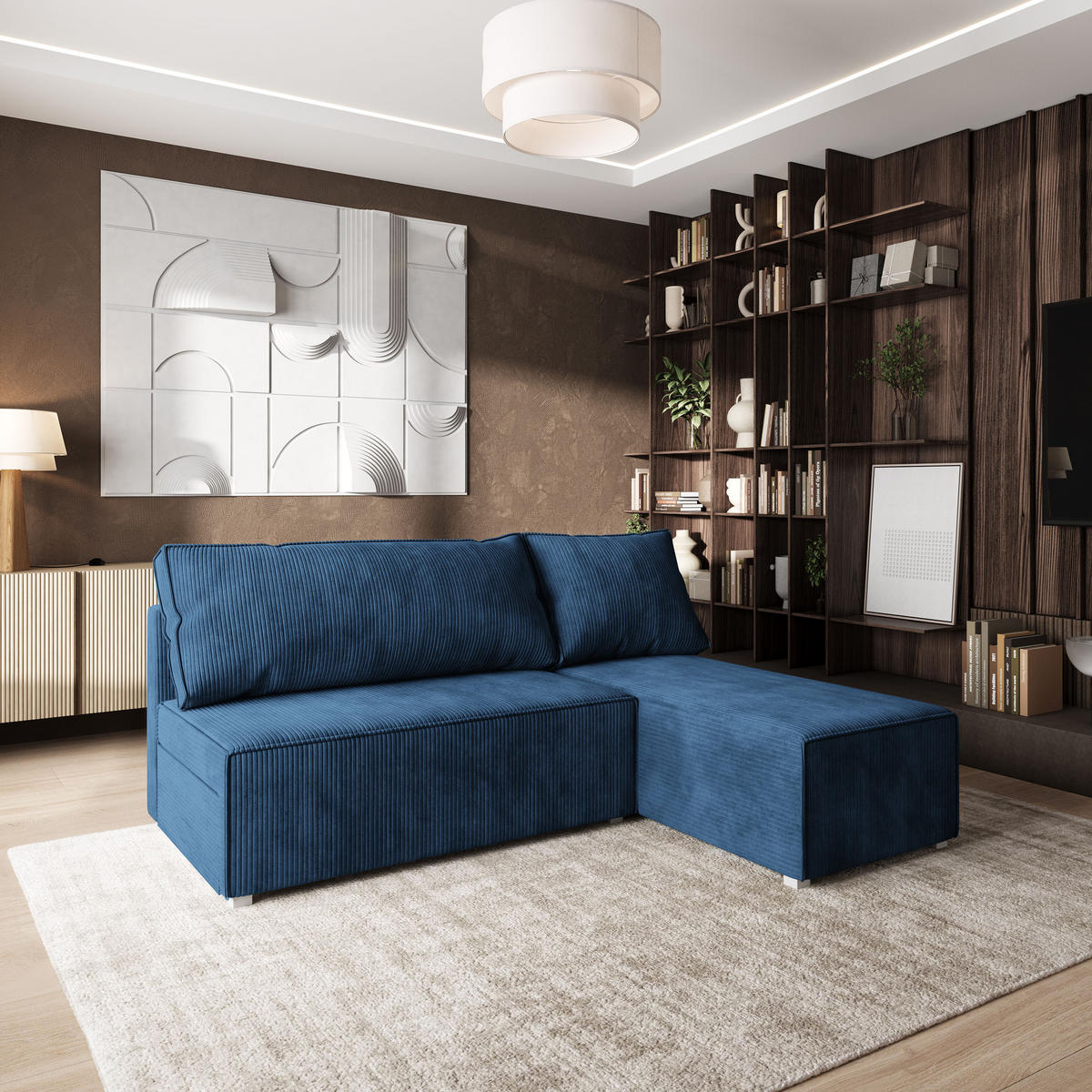 ROHOVÁ SEDAČKA BRISO modrá - šedá/modrá, dřevo/textil (200/140cm) - MASSENO